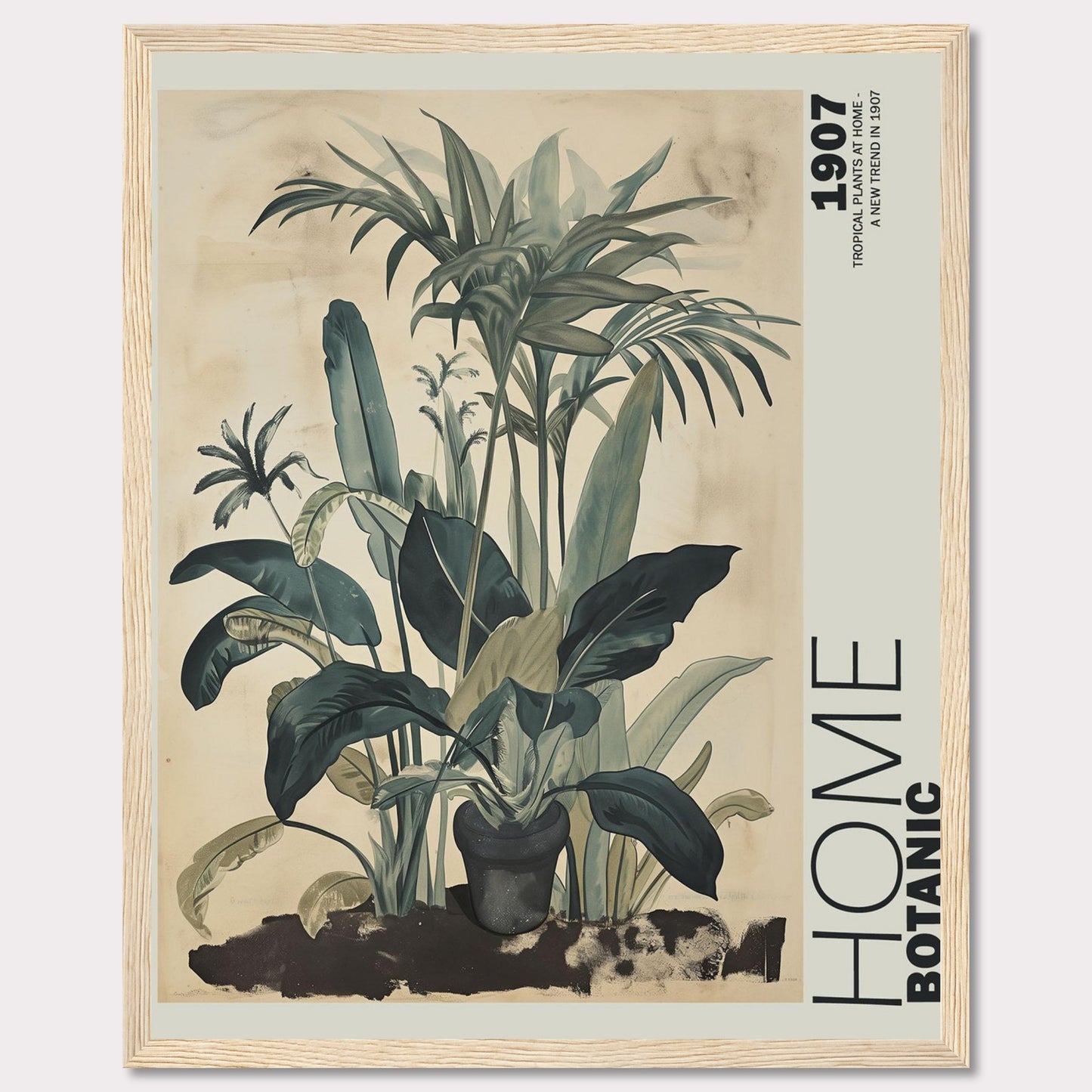 This image features a beautifully framed botanical art print showcasing lush tropical plants. The artwork has a vintage feel with muted green tones and intricate leaf details, giving it a timeless aesthetic. The text "HOME BOTANIC" and "1907" adds a touch of classic elegance to the piece.