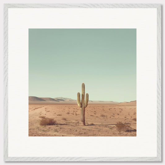 This serene photograph captures the solitary beauty of a lone cactus standing tall in a vast desert landscape. The clear blue sky stretches endlessly above, while distant mountains create a tranquil backdrop. The image is framed in a simple, elegant black border, enhancing its minimalist appeal.