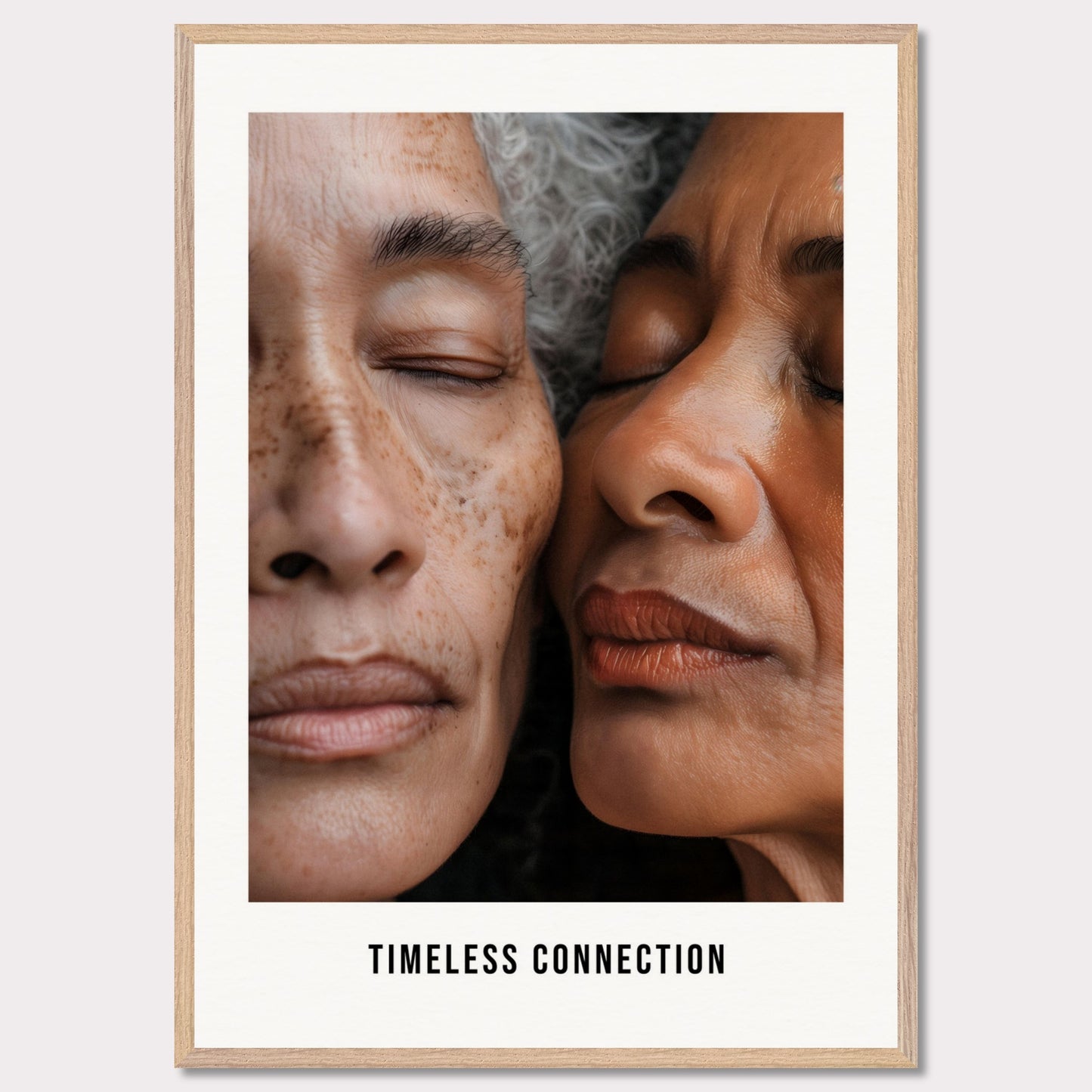 This illustration shows a close-up view of two elderly individuals with their eyes closed, conveying a sense of peace and connection. The text "TIMELESS CONNECTION" is displayed at the bottom.

This poster would fit well in a living room, bedroom, or any space meant for relaxation and reflection.