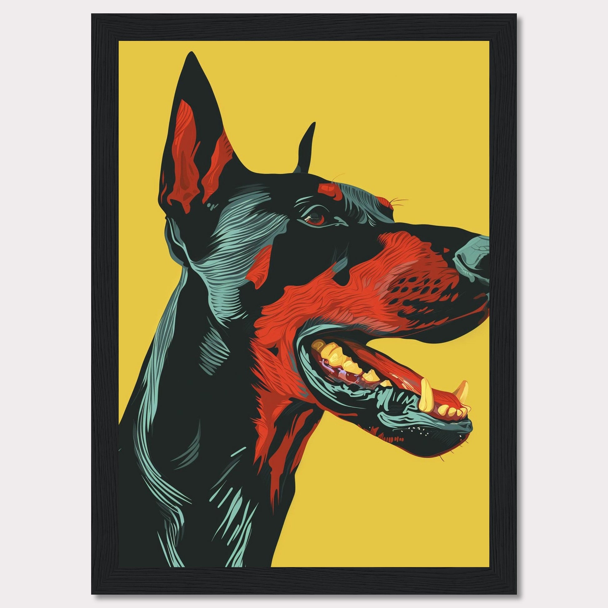 This vibrant artwork features a striking, stylized portrait of a Doberman against a bold yellow background. The detailed illustration showcases the dog's fierce expression with vivid red and black hues, emphasizing its strong and dynamic presence. The piece is framed in a sleek black border, enhancing its modern aesthetic.