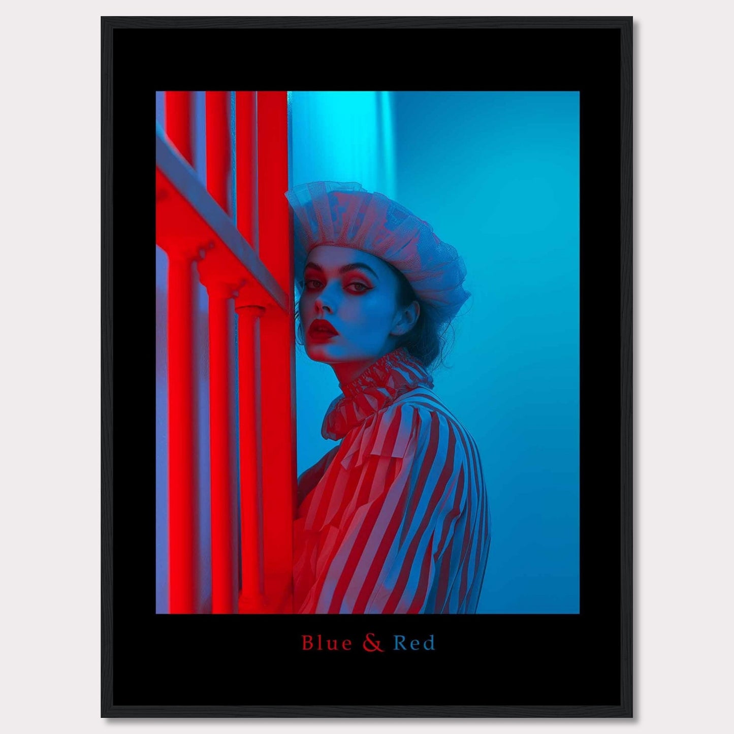 This striking poster features a dramatic portrait of a woman illuminated in contrasting blue and red lighting. The subject is dressed in a striped outfit and a sheer headpiece, creating a bold and artistic visual effect.