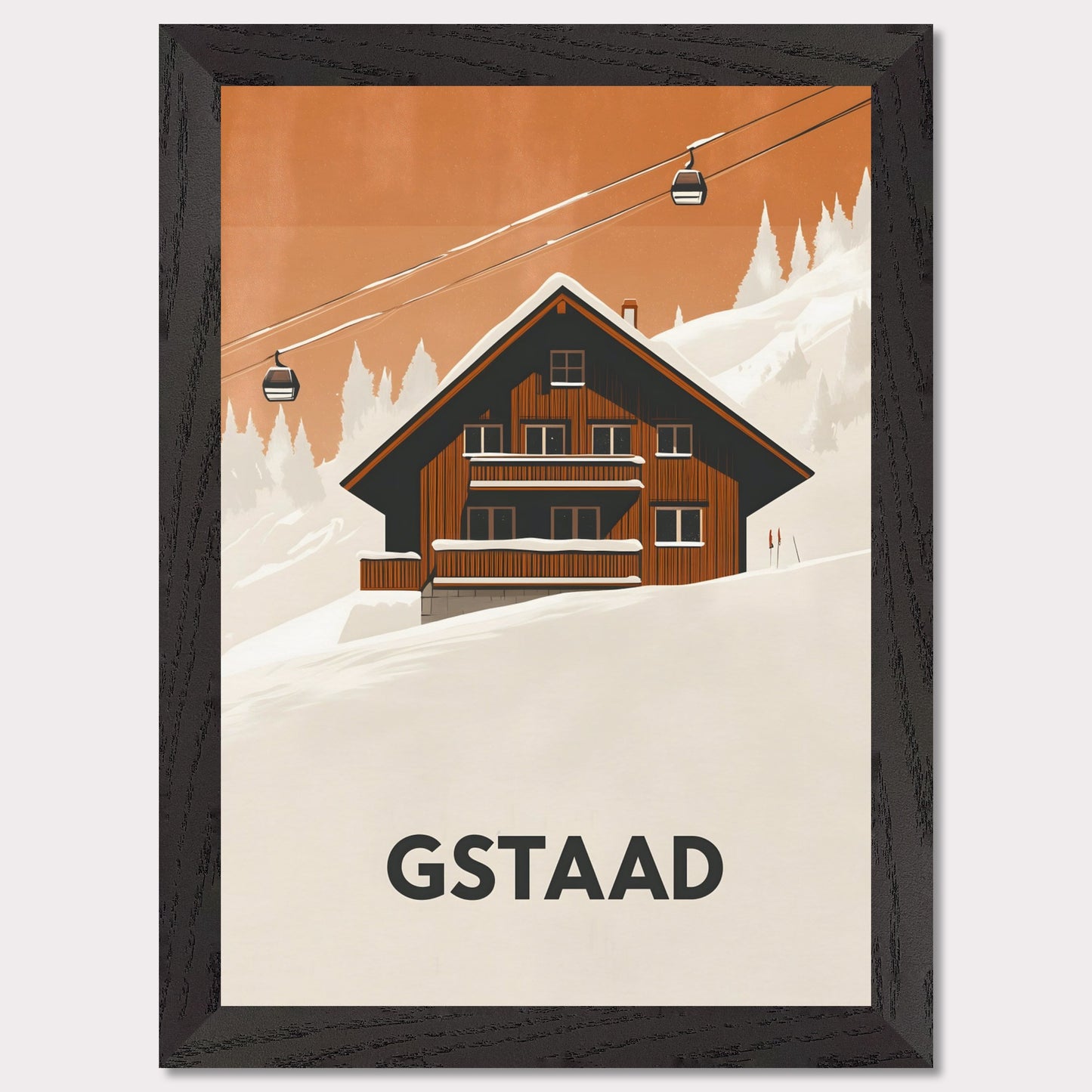 A warm, inviting scene of a traditional Swiss chalet surrounded by snowy slopes. A cable car ascends into the distance, emphasizing the region’s skiing culture and cozy mountain retreat.