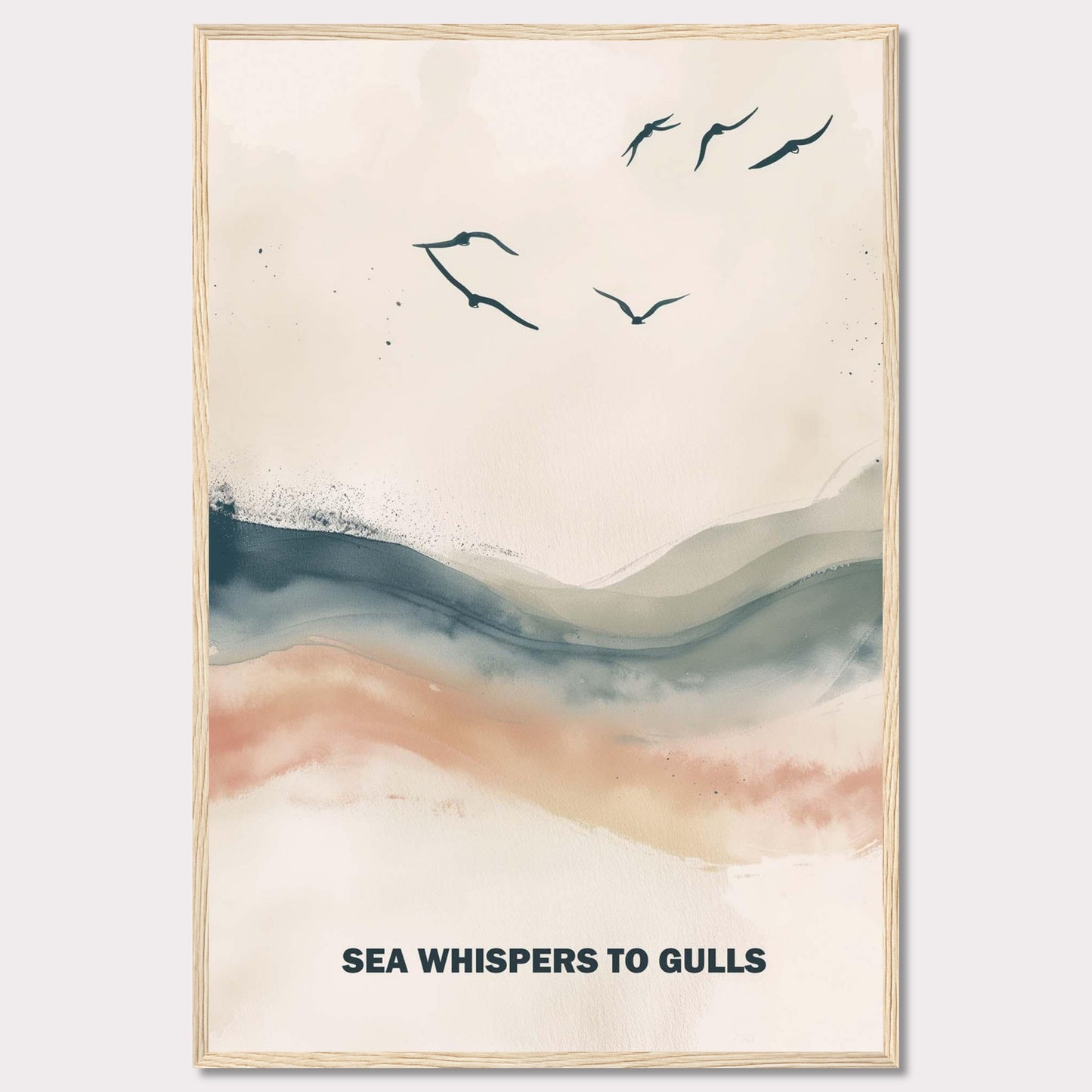 This serene artwork features a minimalist design with gentle waves and flying gulls. The soothing colors create a tranquil atmosphere, perfect for any space needing a touch of calm. The text "SEA WHISPERS TO GULLS" adds a poetic element to the piece.