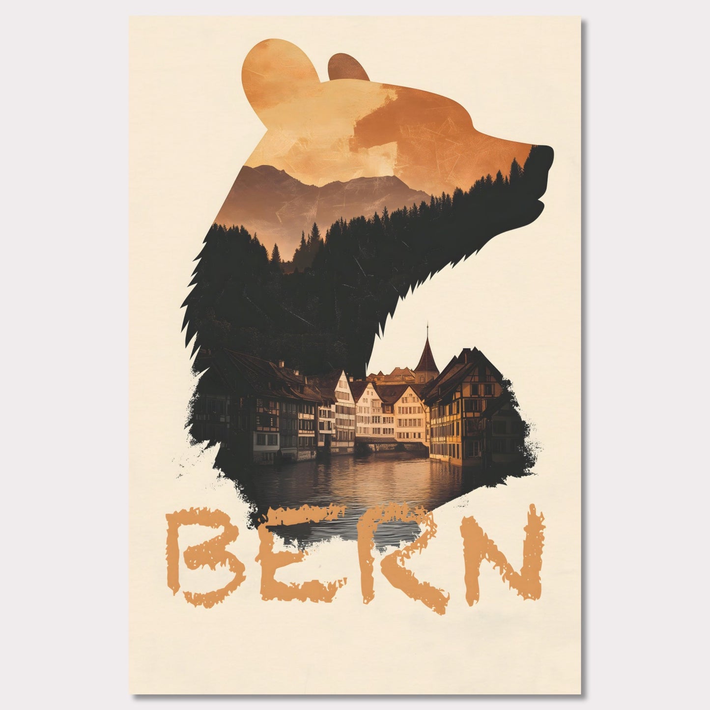 A captivating travel poster that merges Bern’s iconic bear symbol with the city’s historic charm. The silhouette of the bear contains a stunning landscape of alpine forests and traditional Swiss architecture, reflecting the city's rich heritage.