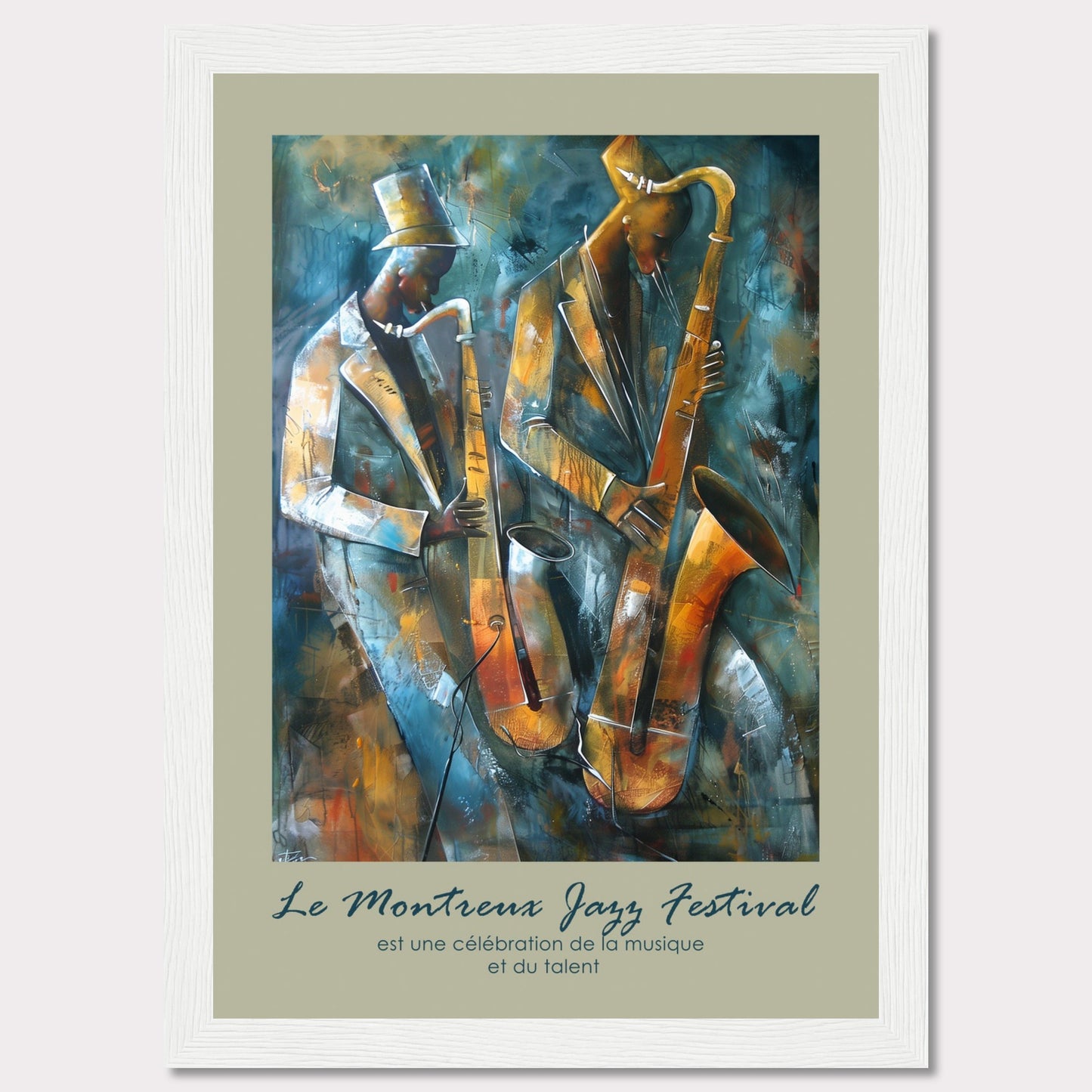 This vibrant artwork captures the essence of jazz with two musicians passionately playing their saxophones. The rich, abstract background adds depth and movement to the scene, emphasizing the dynamic nature of the music. The text at the bottom reads, "Le Montreux Jazz Festival est une célébration de la musique et du talent," highlighting the festival's celebration of music and talent.