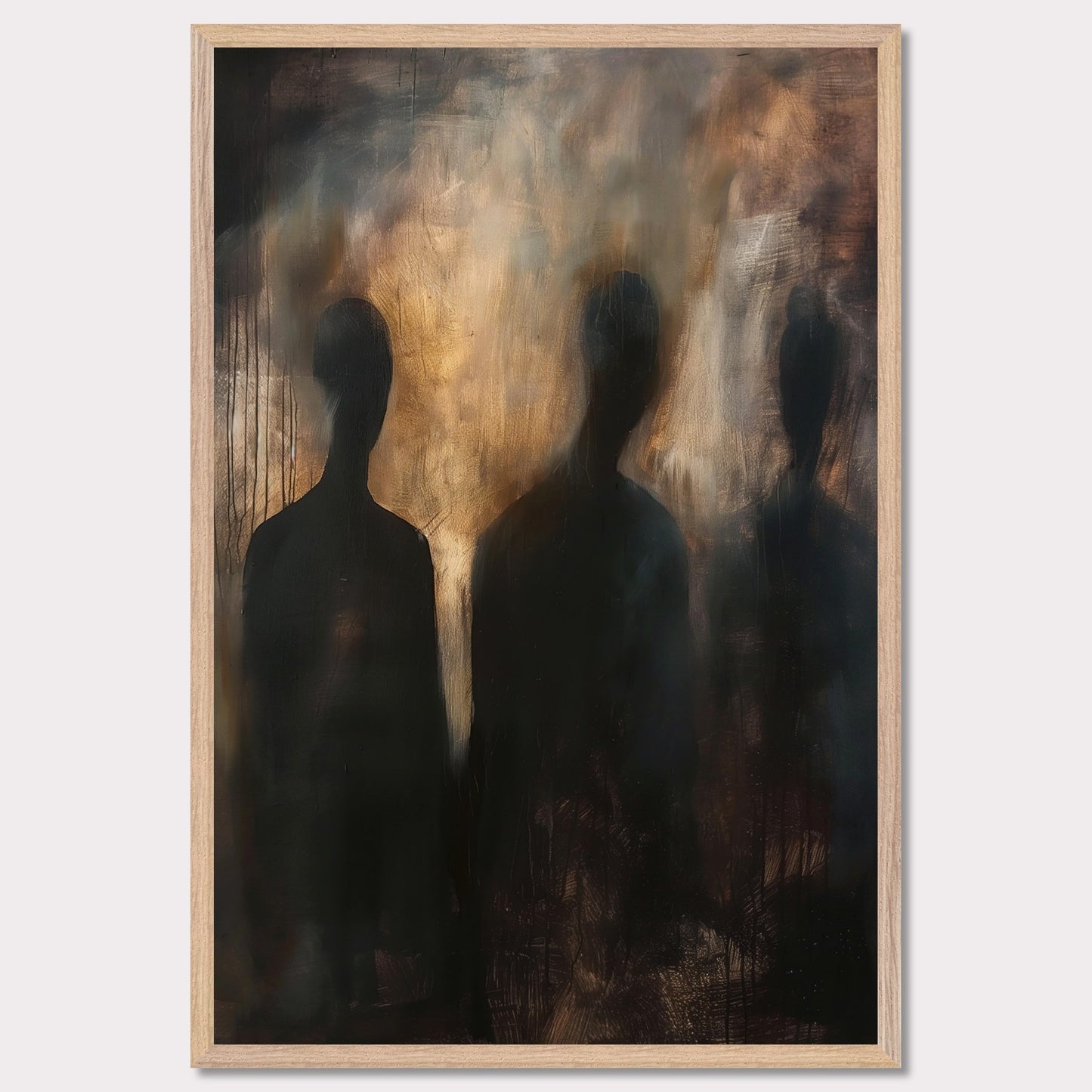 This evocative painting features three shadowy figures set against a smoky, abstract background. The use of dark and muted tones creates a mysterious and haunting atmosphere, inviting viewers to contemplate the unknown. The blending of colors and indistinct forms evoke emotions of intrigue and curiosity.