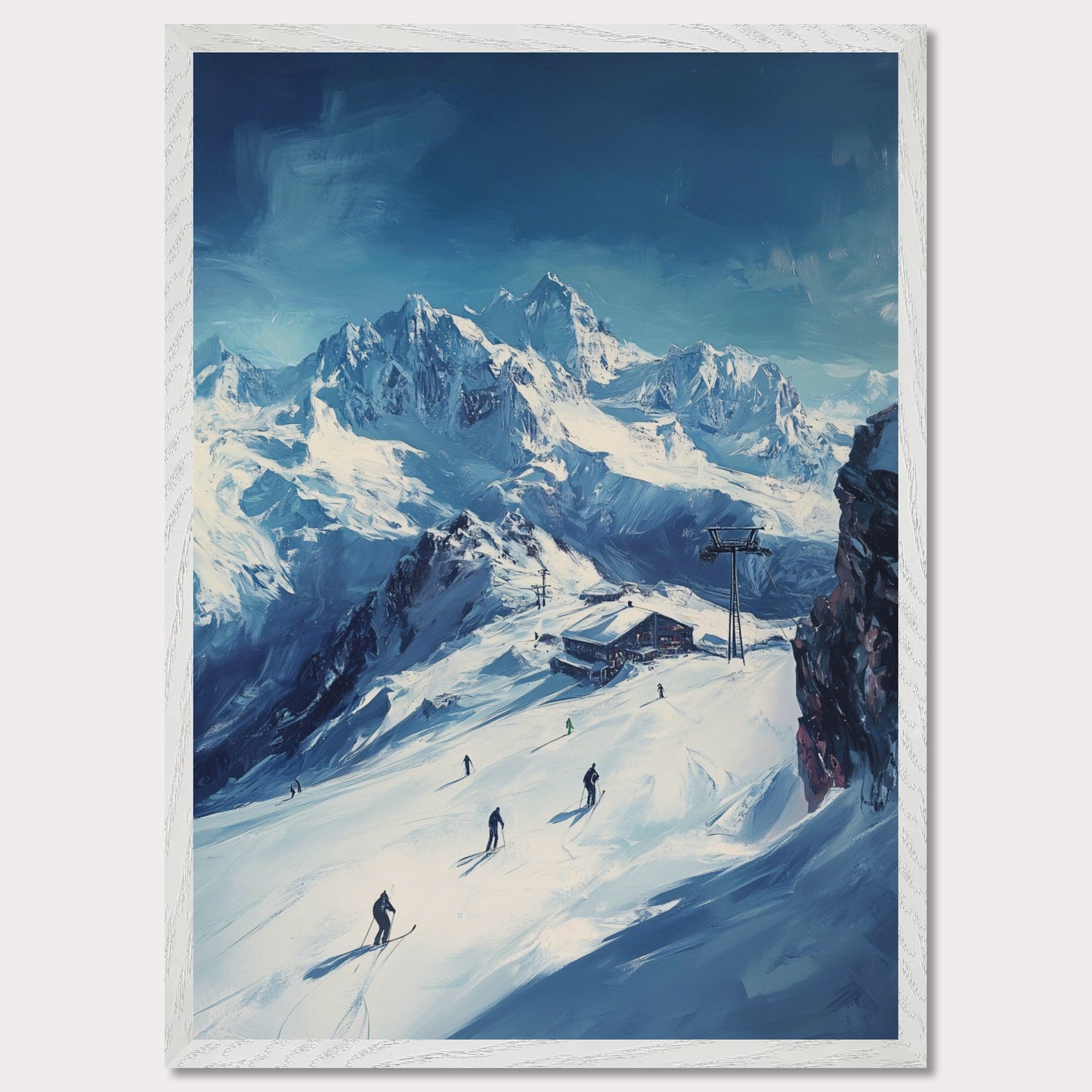 This vibrant, retro-style poster captures the excitement of skiing through the Swiss Alps, with skiers navigating fresh powder beneath towering, snow-covered peaks. The vast landscape and the thrill of the descent evoke a sense of freedom and adventure. The vintage typography and warm colors enhance the adventurous spirit, making it a perfect invitation to explore the slopes of the Swiss Alps and experience the rush of alpine skiing.