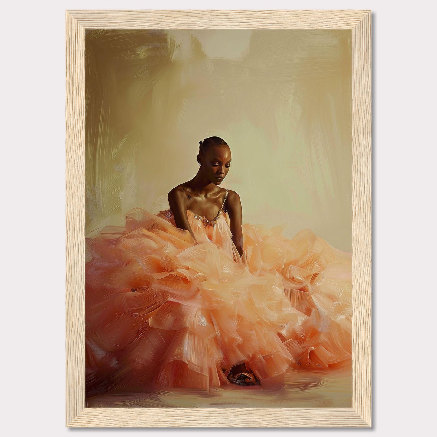 This captivating image features a serene woman in an elegant, voluminous peach gown. The soft, flowing fabric of the dress creates a dreamy and ethereal atmosphere. The background is a subtle blend of warm tones, enhancing the tranquil mood of the scene. The woman's poised and contemplative expression adds depth to the composition.