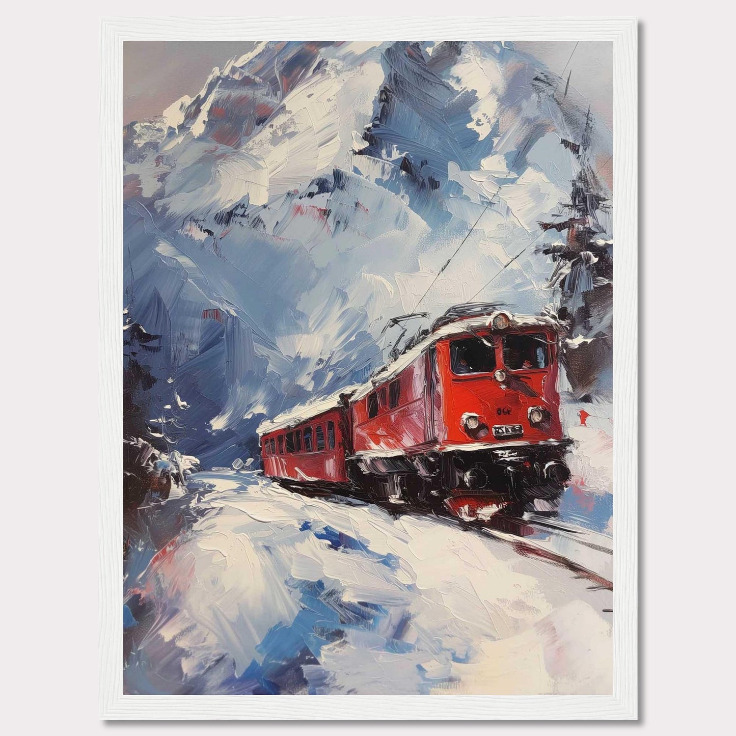 This stunning painting captures a vibrant red train journeying through a snowy mountain landscape. The dynamic brushstrokes convey the movement and energy of the scene, while the towering snow-covered peaks create a breathtaking backdrop.