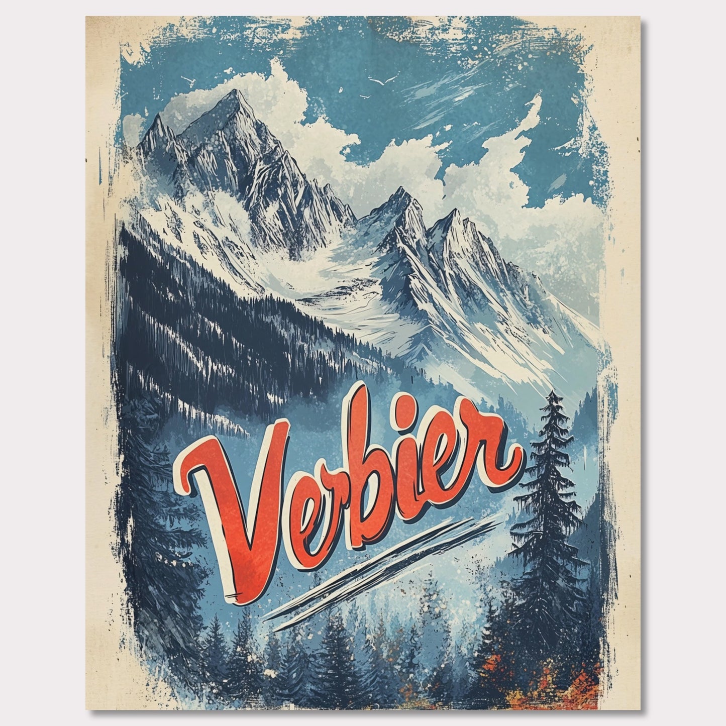 This striking vintage poster captures the breathtaking beauty of Verbier’s mountain peaks. With a bold orange and blue color palette, the image of towering snowy peaks framed by evergreen trees invites adventure and awe. The vintage typography emphasizes Verbier’s allure as a destination for both exploration and relaxation, making this an ideal representation of the Swiss Alps' majestic landscapes.