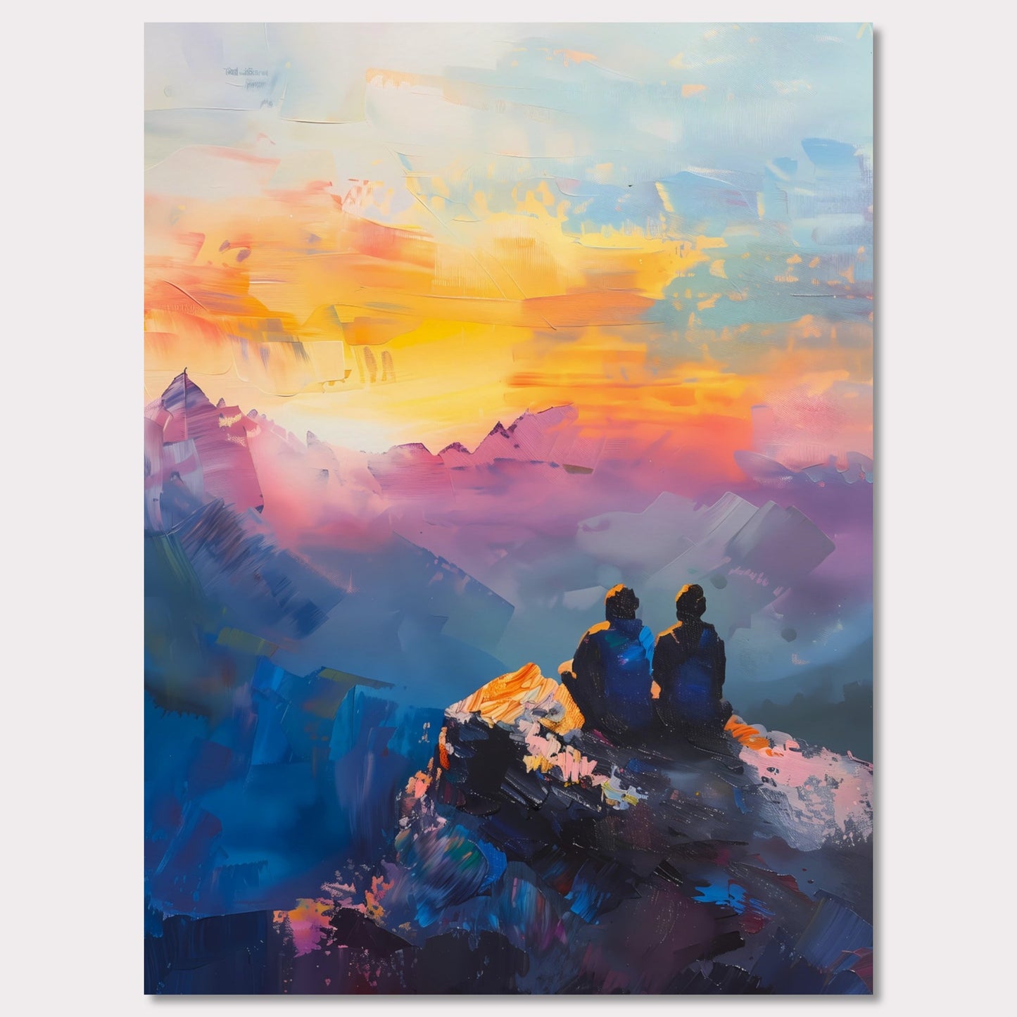 This is an illustration of two people sitting on a rocky cliff, overlooking a vibrant and colorful sunset or sunrise. The sky is painted with warm hues of orange, yellow, and pink, blending into cooler tones of blue and purple.