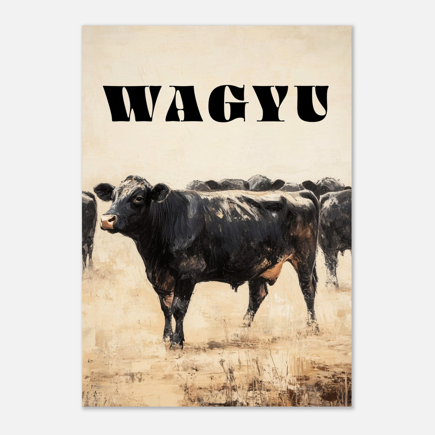 This captivating painting depicts a group of black cows standing together, evoking a sense of unity and strength. The textured brushstrokes and neutral background create a striking contrast, highlighting the animals' dark forms.