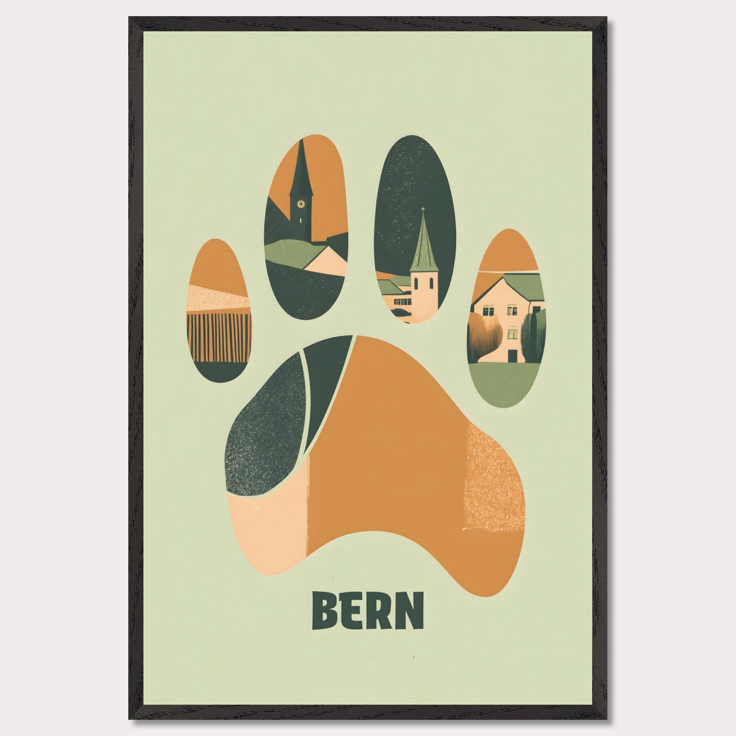 This unique poster blends the charm of Bern’s architecture with the city’s symbolic bear in an abstract, paw-print design. The warm earth tones and clean lines create a harmonious balance between modern minimalism and historical elements.