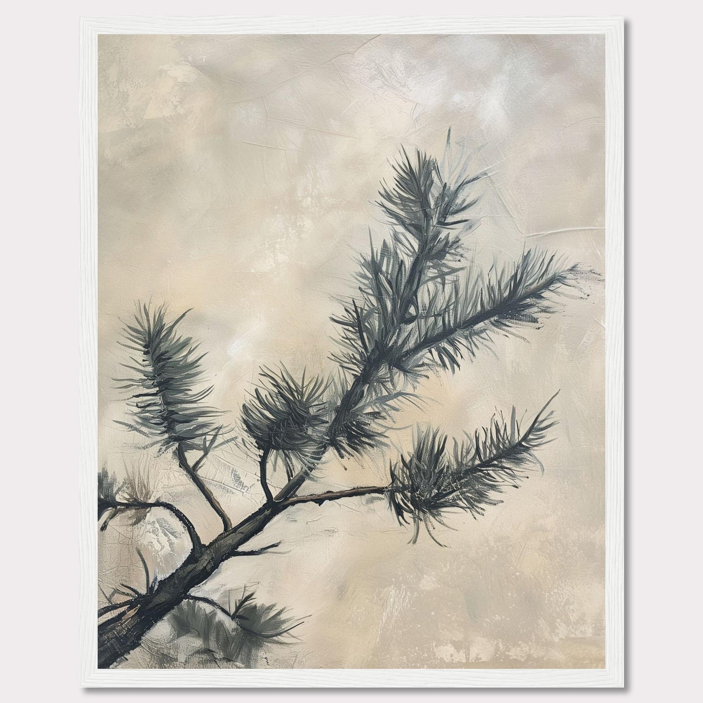 This elegant artwork features a delicate pine branch set against a soft, muted background. The painting captures the serene beauty of nature with its minimalist design and subtle color palette.