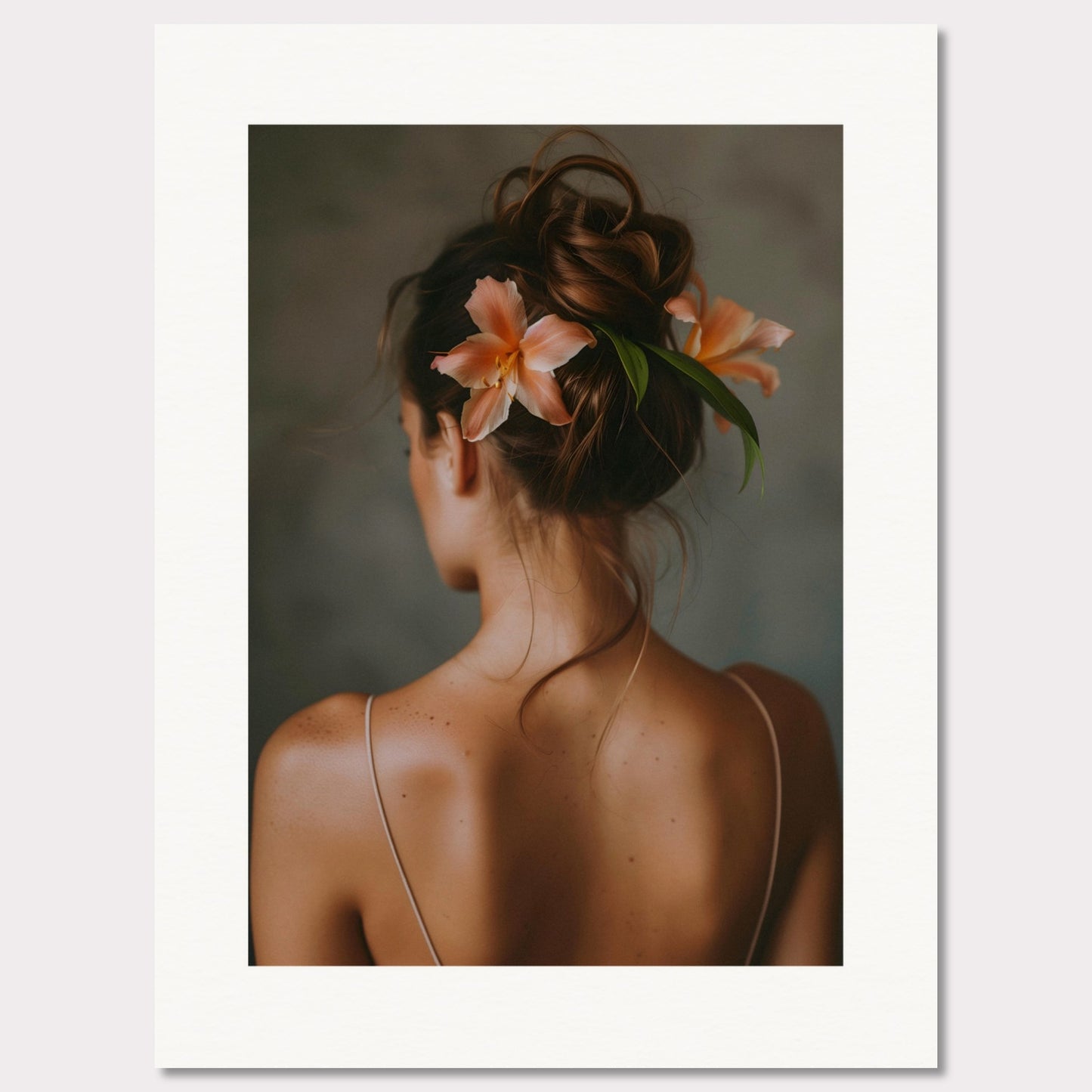 This illustration depicts a woman viewed from behind, with her hair styled in an elegant updo adorned with two peach-colored flowers and green leaves.

This poster would fit well in a bedroom, living room, or any space that benefits from a touch of elegance and natural beauty.