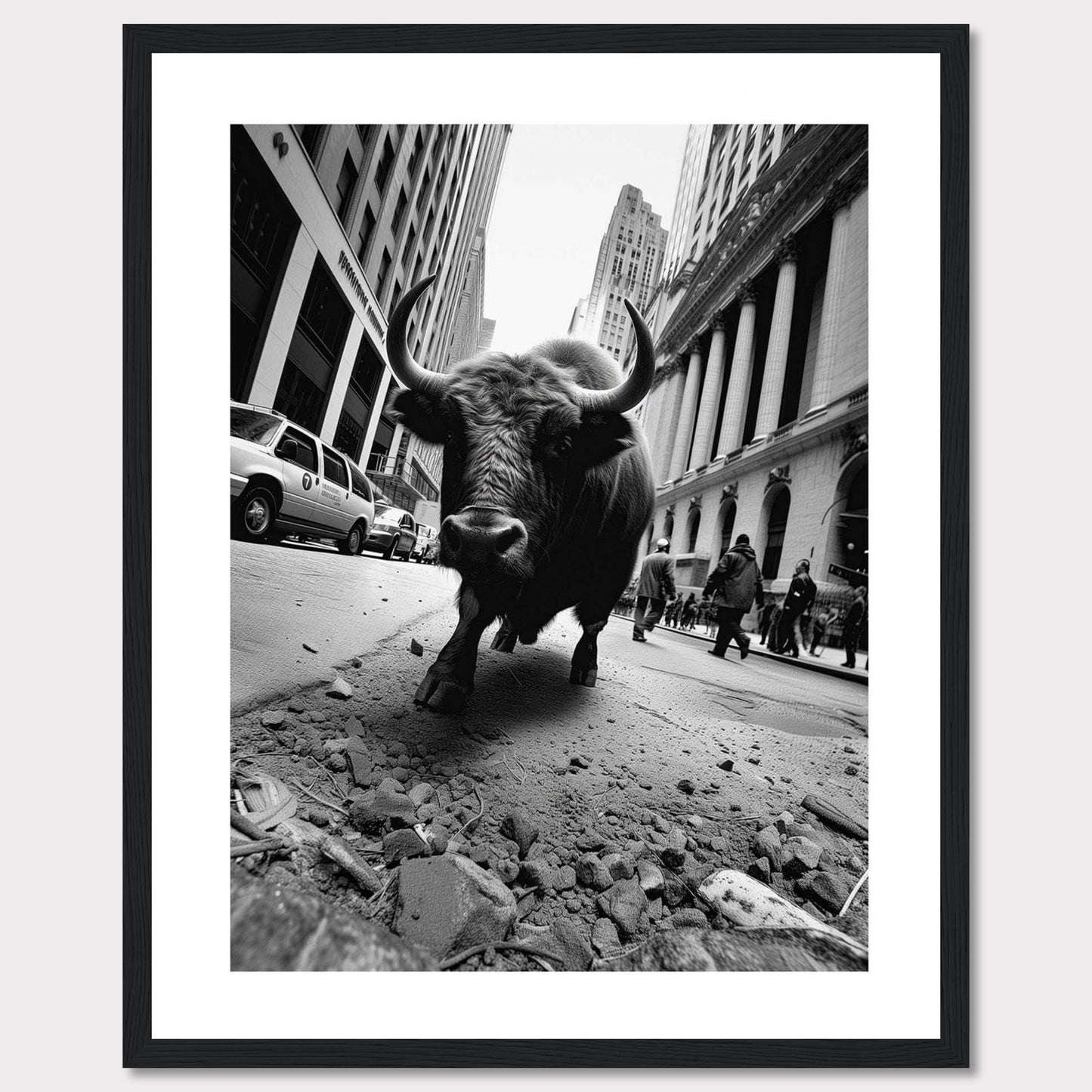 This striking black-and-white photograph captures a powerful bull striding confidently down a bustling city street. The image juxtaposes the raw strength of the bull against the backdrop of towering skyscrapers and busy pedestrians, creating a dramatic and thought-provoking scene.