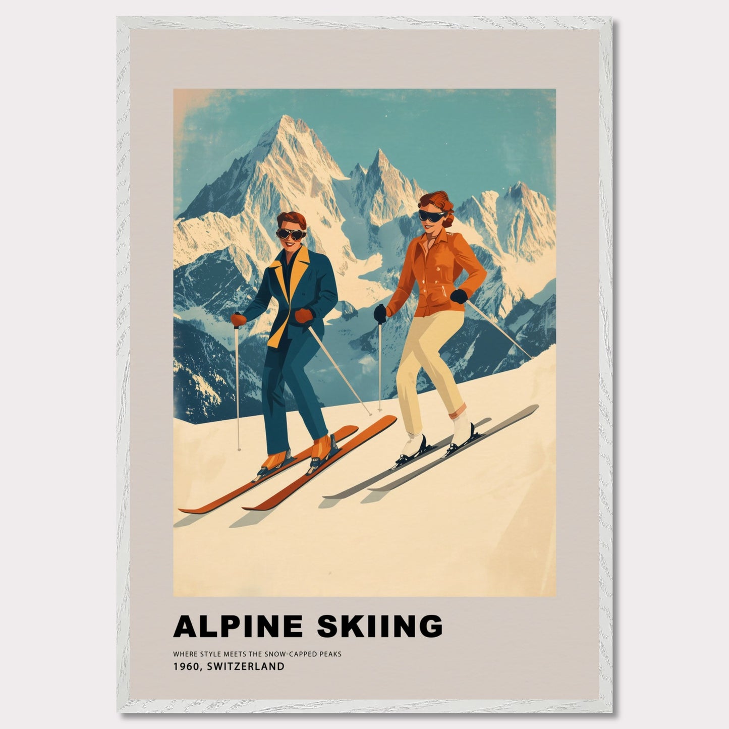 This stunning retro-style poster celebrates the elegance of alpine skiing in Switzerland. Two stylish skiers gracefully glide down the snowy slopes, set against the backdrop of majestic, sunlit peaks. The vintage color palette and mid-century design highlight the timeless charm and sophistication of the alpine experience, making it a celebration of both sport and scenery.