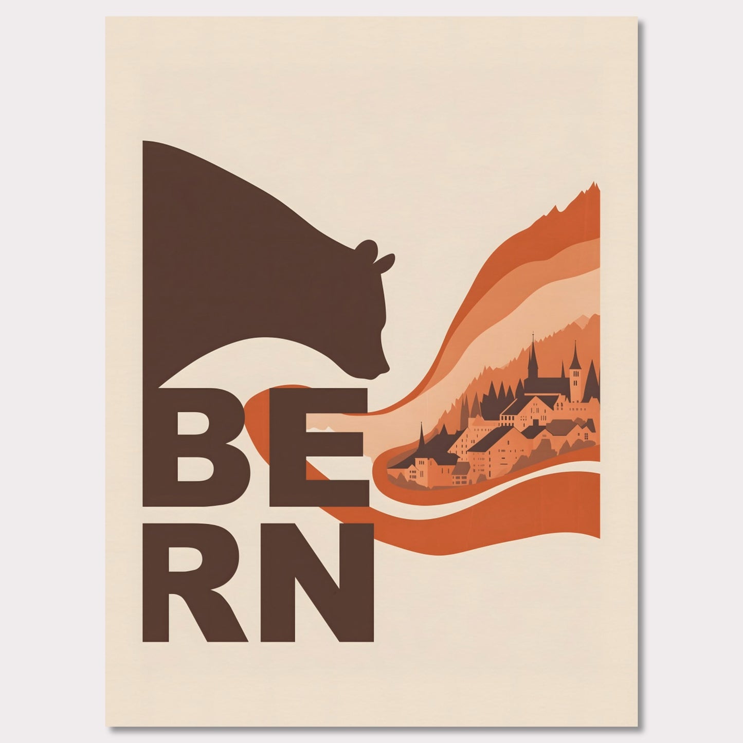 This elegant poster portrays a bear embracing the architectural landscapes of Bern. With flowing lines connecting nature and culture, it conveys the charm of this Swiss city.