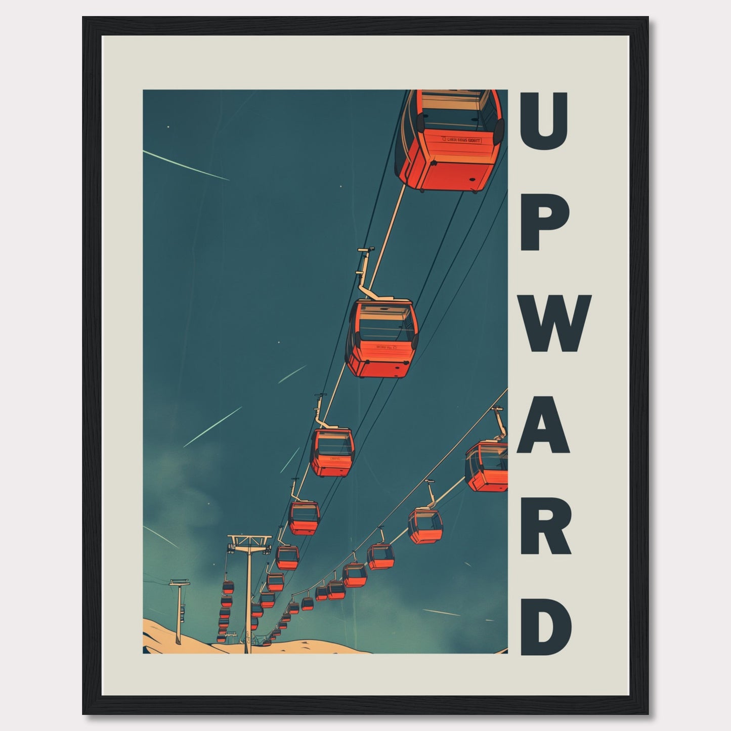 This striking artwork features a series of red cable cars ascending into a deep blue sky, evoking a sense of adventure and upward momentum. The word "UPWARD" is boldly displayed along the right side, reinforcing the theme of progress and elevation.