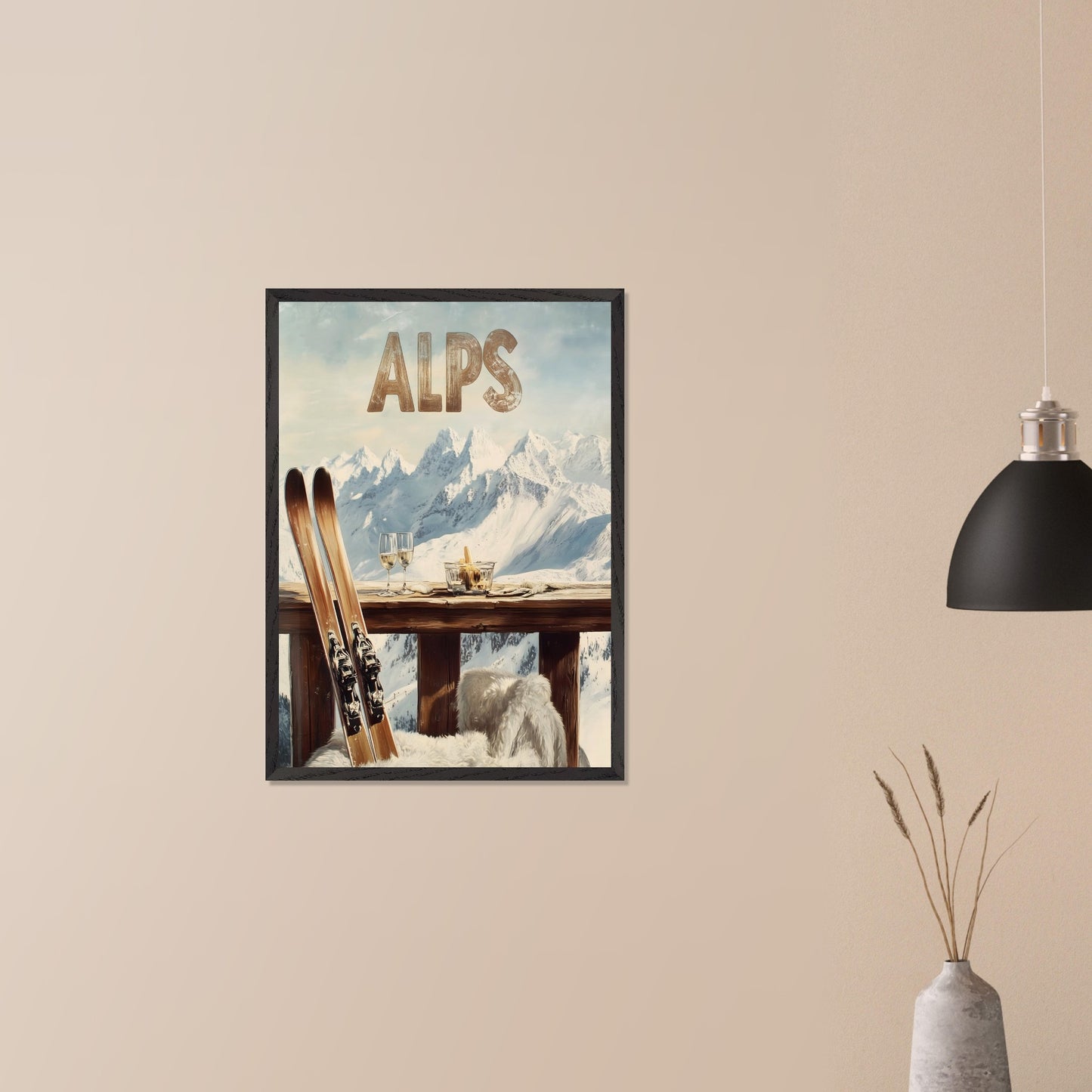 This vibrant poster captures the charm of après-ski culture with a rustic wooden terrace overlooking snow-covered mountains. The warm textures of fur throws and the elegant wine glasses create an inviting post-ski ambiance.