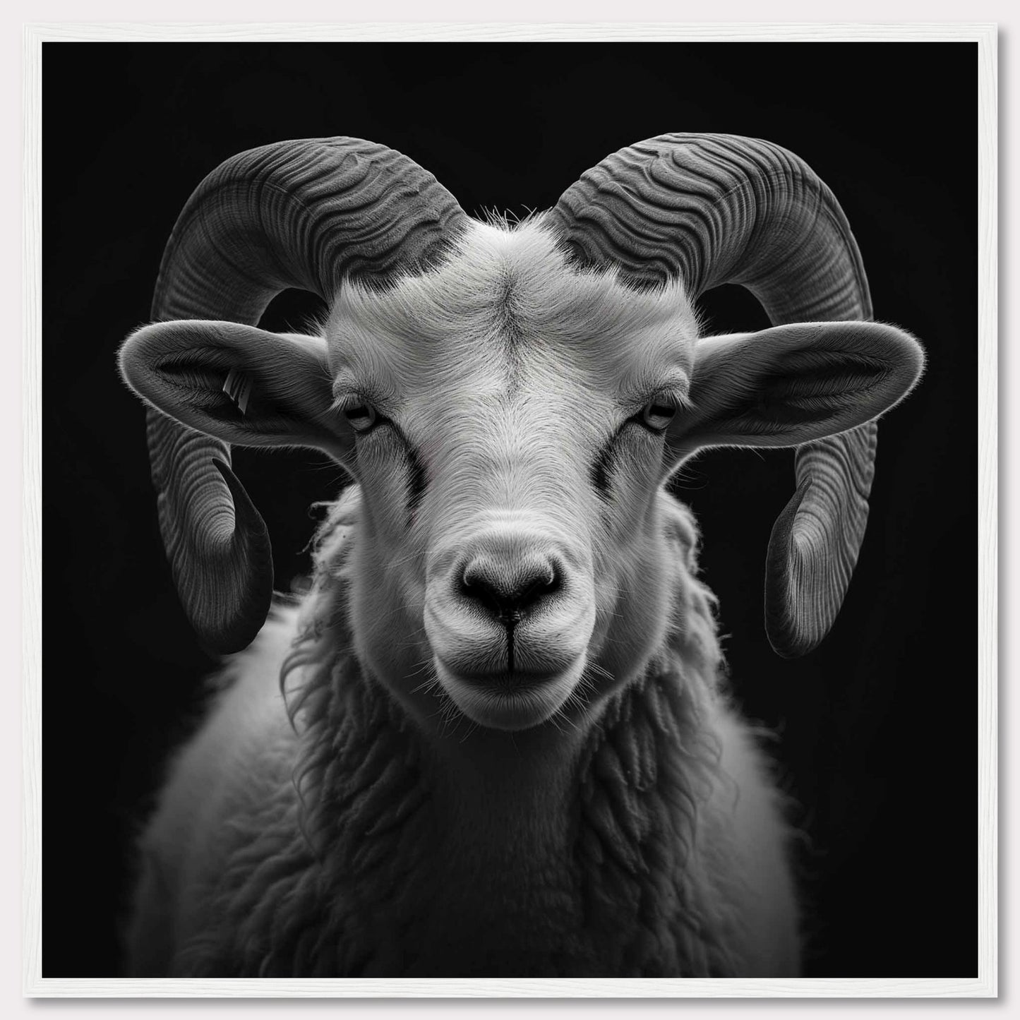 This striking black and white photograph captures the majestic presence of a ram with impressive, curved horns. The detailed texture of its fur and the intensity in its eyes are beautifully highlighted against a dark background.