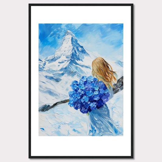 This captivating painting depicts a serene winter landscape with a majestic snow-covered mountain in the background. A woman with flowing blonde hair stands in the foreground, holding a vibrant bouquet of blue flowers. The sky is a brilliant shade of blue, complementing the snowy scenery.