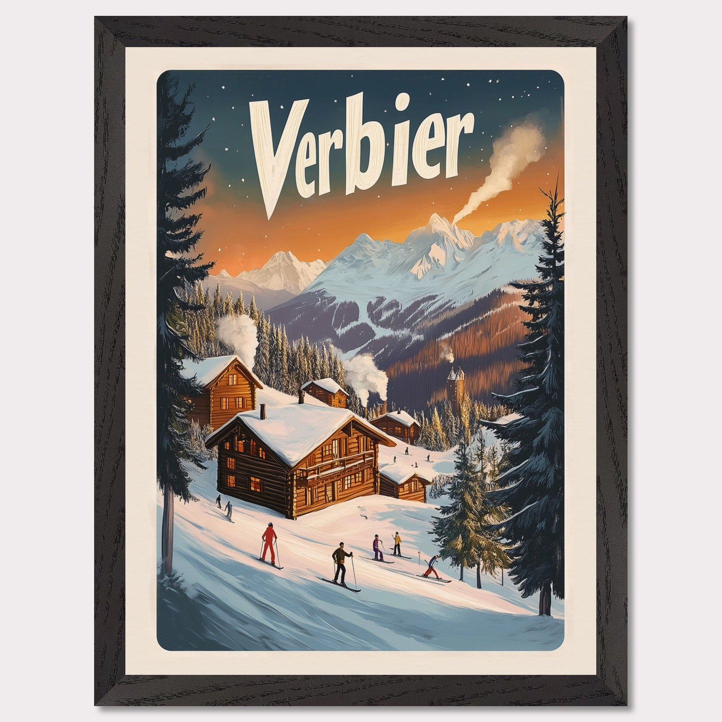 This captivating poster encapsulates the serene beauty of Verbier, with its snow-covered chalets nestled against a backdrop of fiery alpine sunsets. The scene showcases the perfect blend of adventure and tranquility, featuring skiers gliding down gentle slopes surrounded by towering pine trees and a distant view of a majestic mountain range. The soft, glowing hues of the evening sky bring warmth to this winter wonderland.