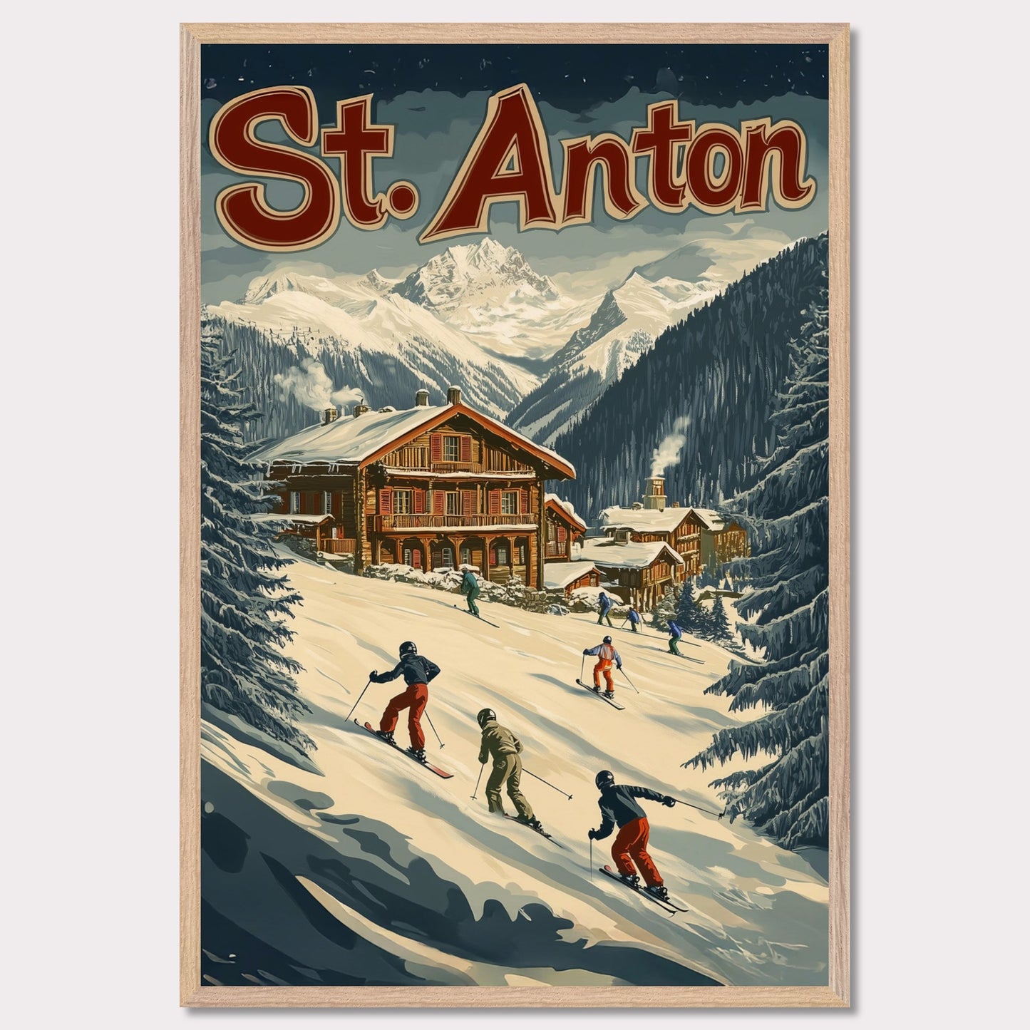 This minimalist yet striking poster captures the essence of St. Anton's alpine charm through its dynamic composition and vintage-inspired design. At the heart of the image is a group of skiers gracefully descending the snowy slopes, framed by towering evergreens and a cozy wooden chalet. The vibrant yet balanced color palette enhances the lively appeal, blending a sense of adventure and winter serenity.