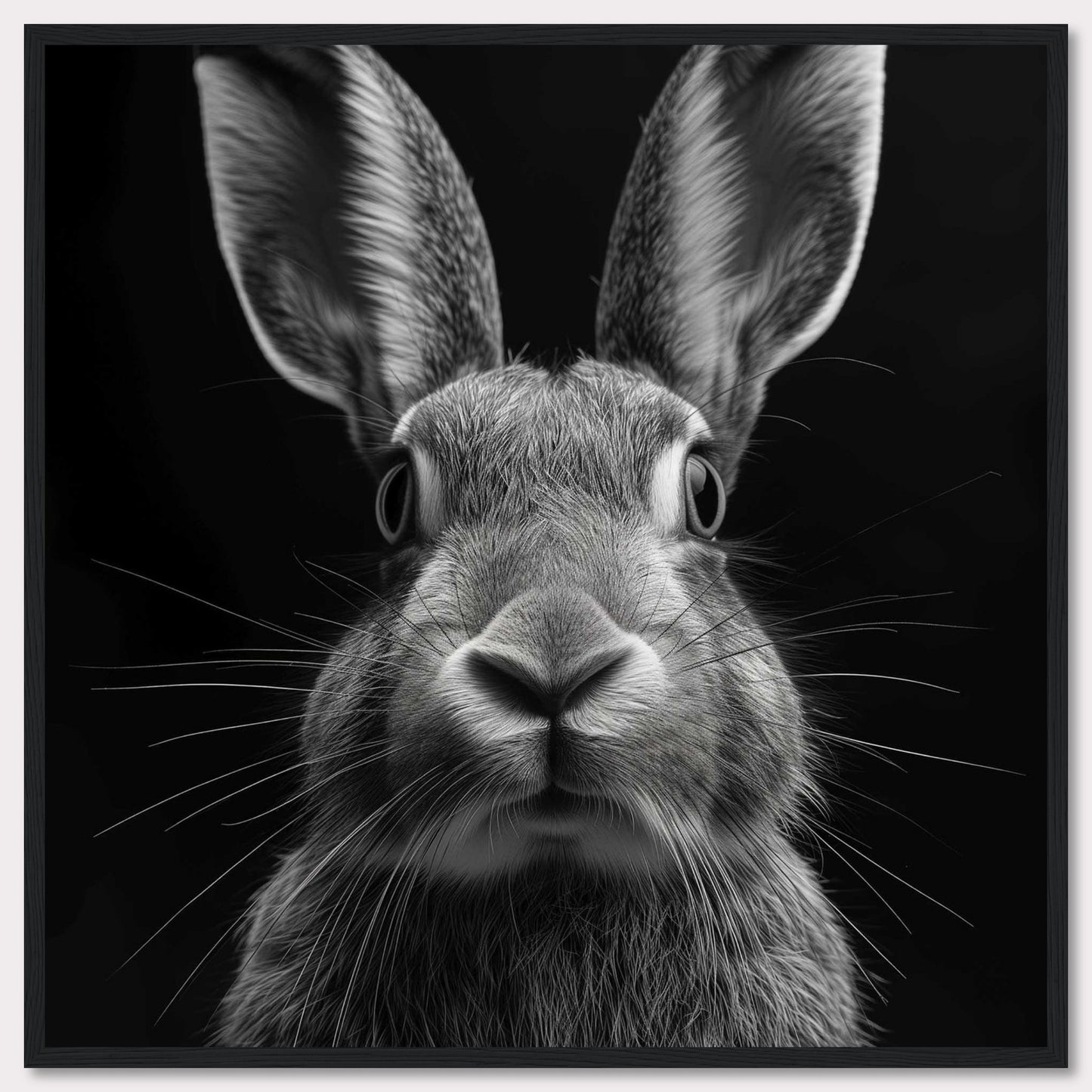 This striking black and white photograph captures a close-up of a rabbit, highlighting its expressive eyes, soft fur, and long whiskers. The image's focus on the rabbit's face creates an intimate and captivating portrait.