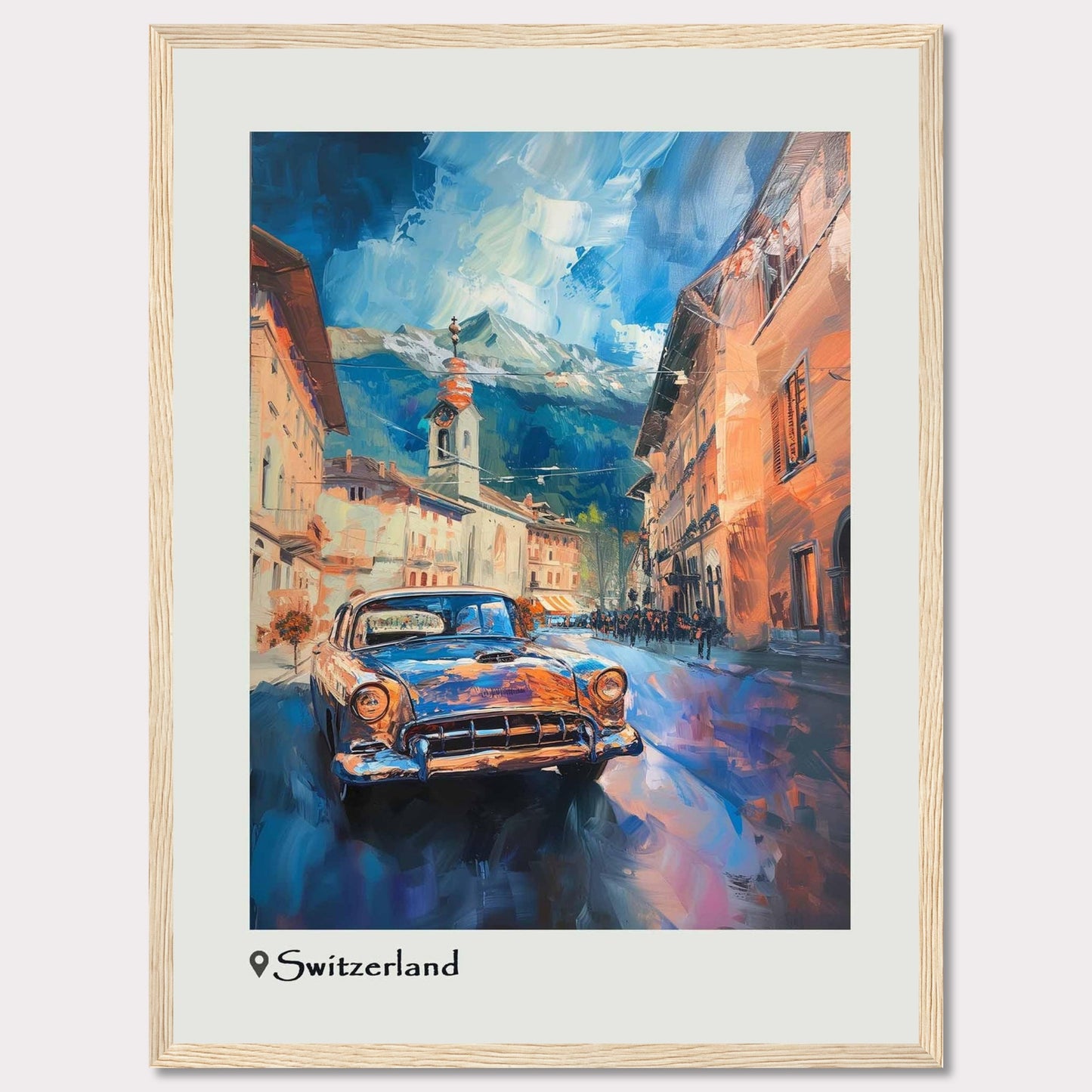 This vibrant painting captures the charm of a Swiss town with a classic car driving through its picturesque streets. The scene is set against a backdrop of majestic mountains under a dynamic sky.