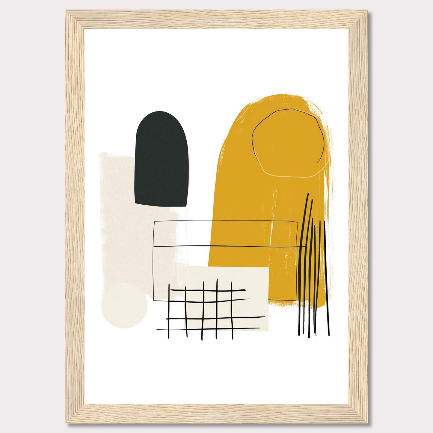 This image showcases a modern abstract art print featuring a combination of geometric shapes and lines in a minimalist style. The artwork includes a prominent mustard yellow shape, a black oval form, a beige rectangle, a grid pattern, and several vertical lines.