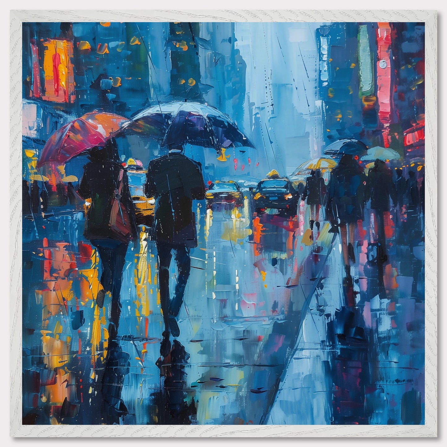 This captivating painting portrays a rainy city street bustling with people holding umbrellas. The vibrant colors and reflections on the wet pavement create a mesmerizing atmosphere.