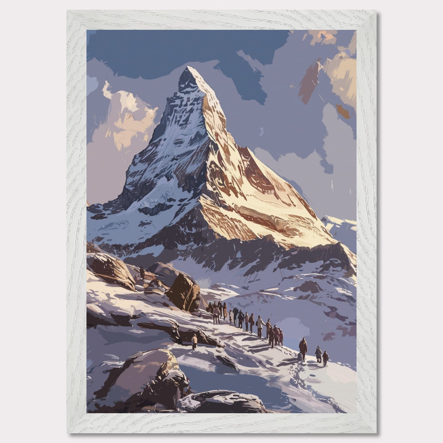 Experience the majestic beauty of this stunning mountain landscape. The image captures a group of adventurers trekking up a snow-covered path towards a towering, sunlit peak. The sky above is clear with a few clouds, adding depth and contrast to the scene. The rugged terrain and the determination of the climbers evoke a sense of awe and inspiration.