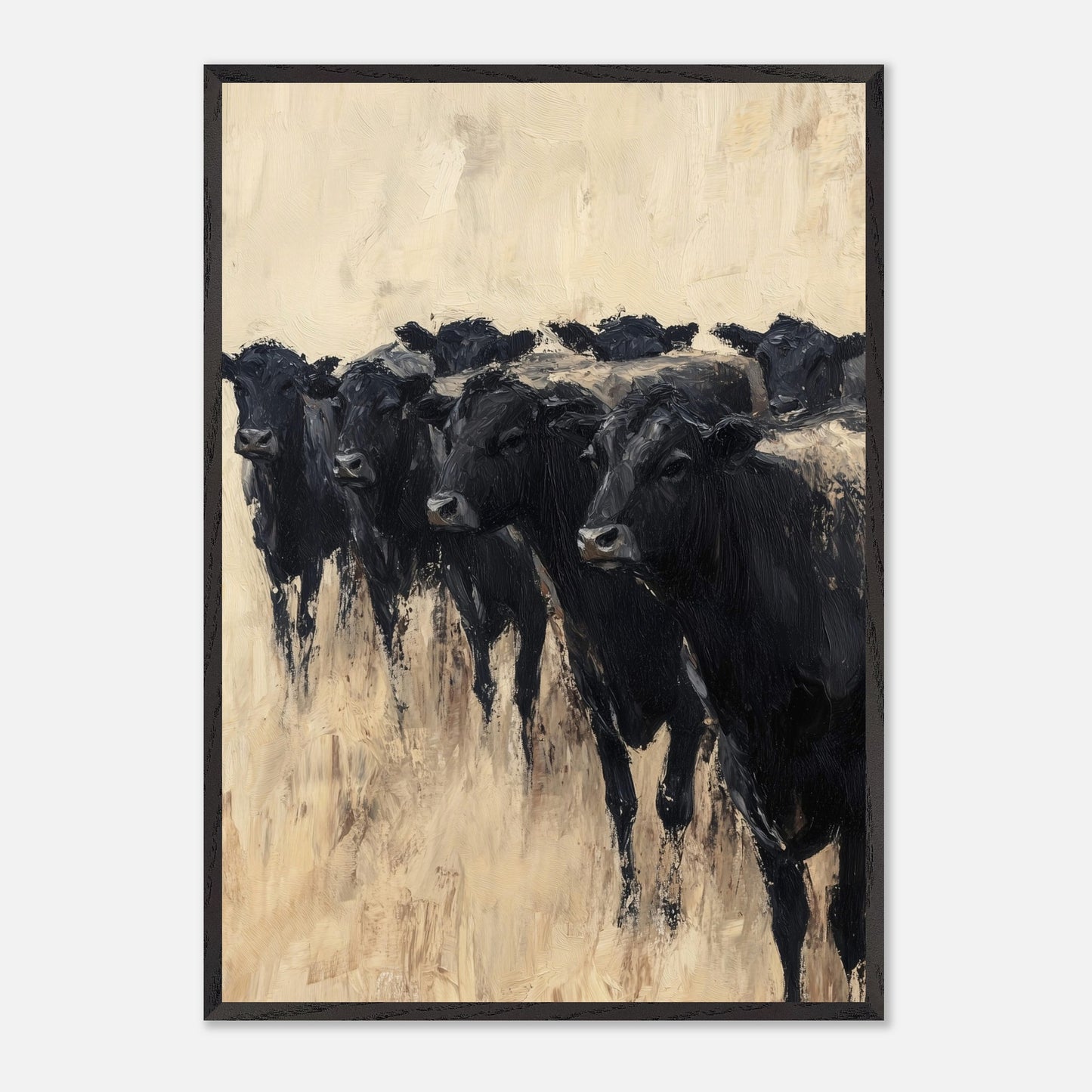 This captivating painting depicts a group of black cows standing together, evoking a sense of unity and strength. The textured brushstrokes and neutral background create a striking contrast, highlighting the animals' dark forms.