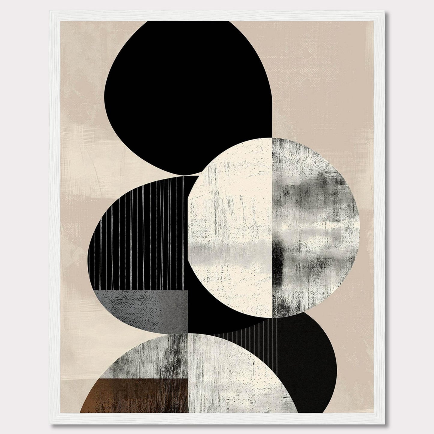 This image showcases a modern abstract art piece featuring geometric shapes in monochrome and neutral tones. The design includes overlapping circles and ovals with textured patterns.