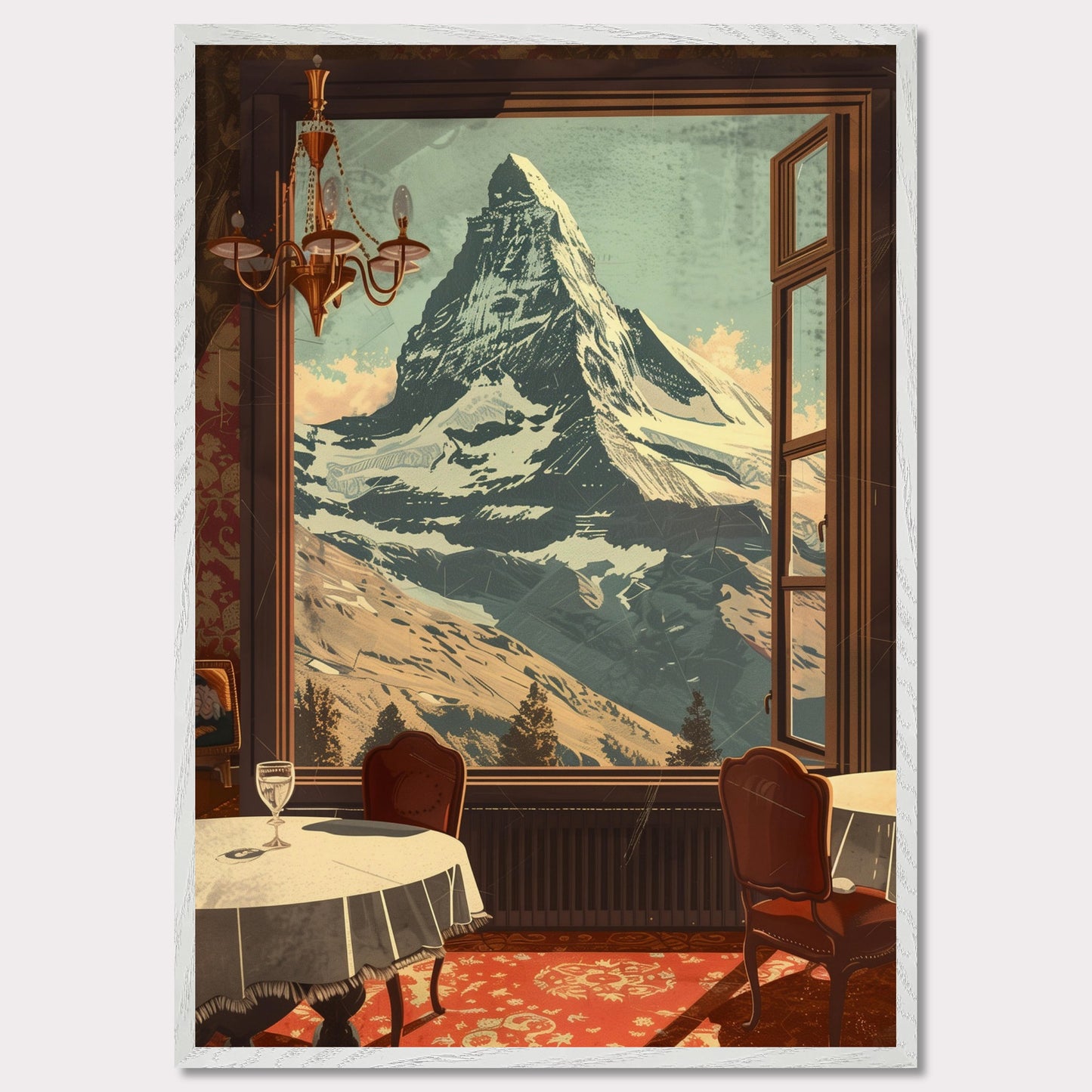 Witness the breathtaking view of a majestic snow-capped mountain through an elegantly framed window. This serene setting features a cozy dining area with classic furniture, a radiant chandelier, and a beautifully patterned carpet.