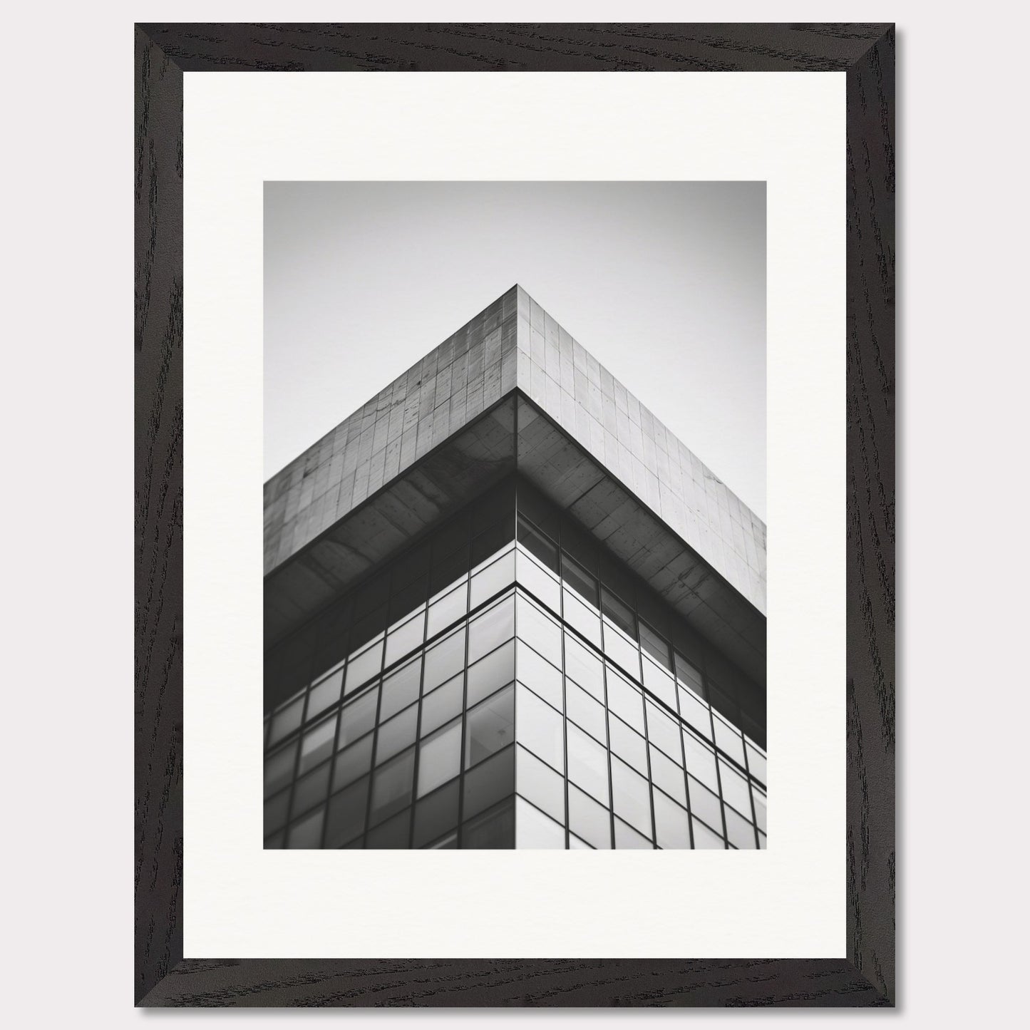 This striking black and white photograph captures the sharp, geometric lines of a modern architectural structure. The image focuses on the corner of a building, emphasizing its sleek glass windows and concrete elements.