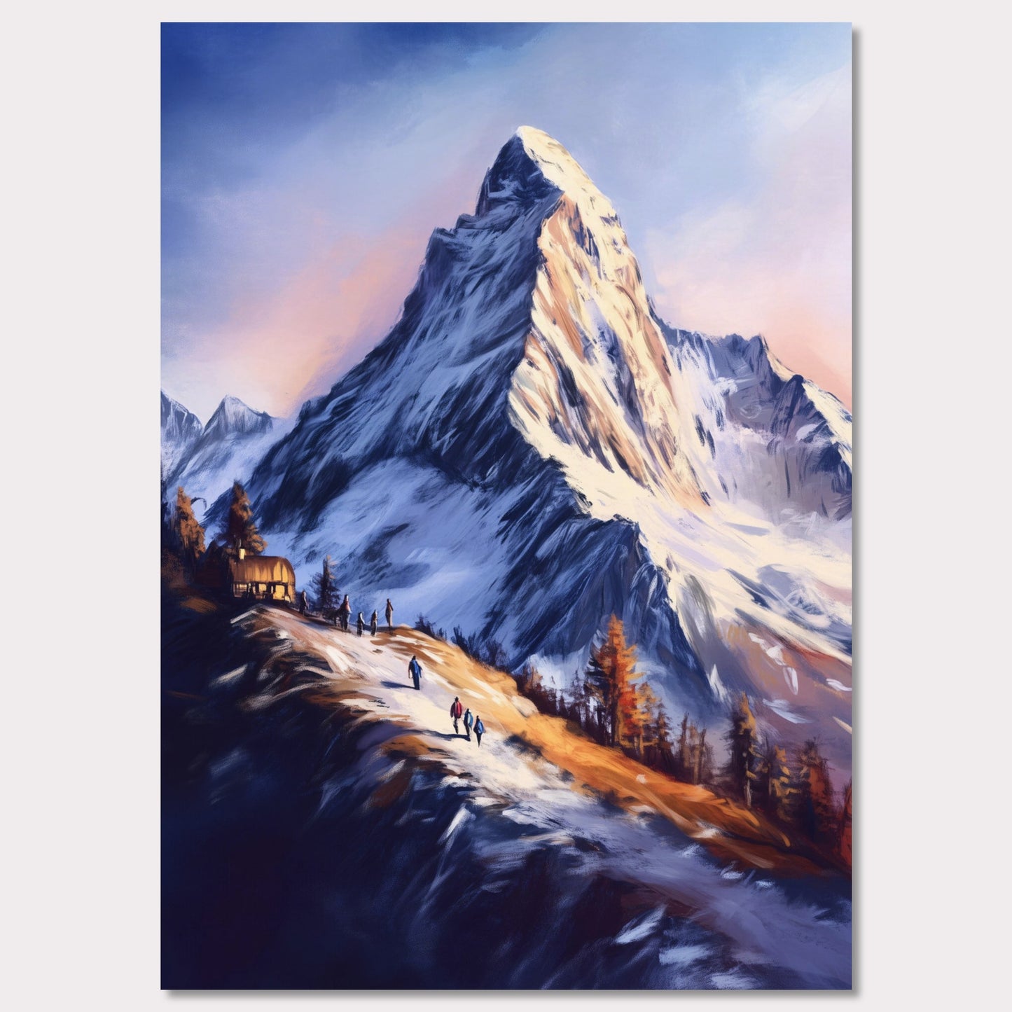 This atmospheric poster captures the awe-inspiring beauty of Zermatt, emphasizing the grandeur of the Matterhorn as it towers over a snow-dusted trail bathed in golden light. The soft, painterly style evokes a sense of tranquility and adventure, blending the rugged alpine landscape with the warmth of human activity.