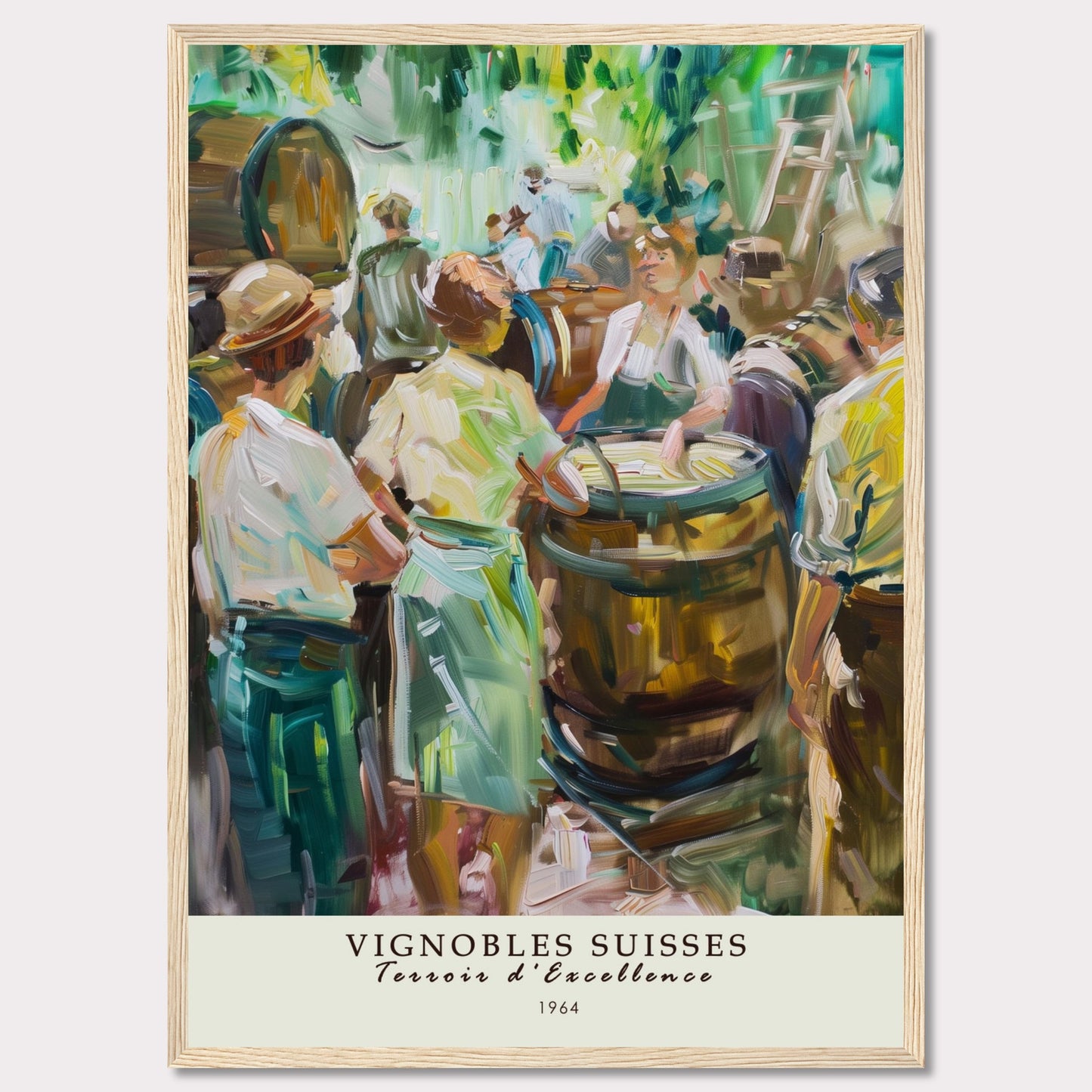 This vibrant painting captures a lively scene of people gathered around wine barrels, reflecting the rich tradition of Swiss vineyards.