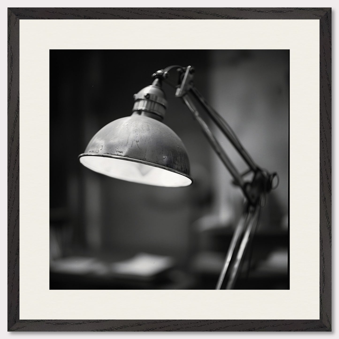 This illustration shows a black and white image of a vintage desk lamp with a metal shade.