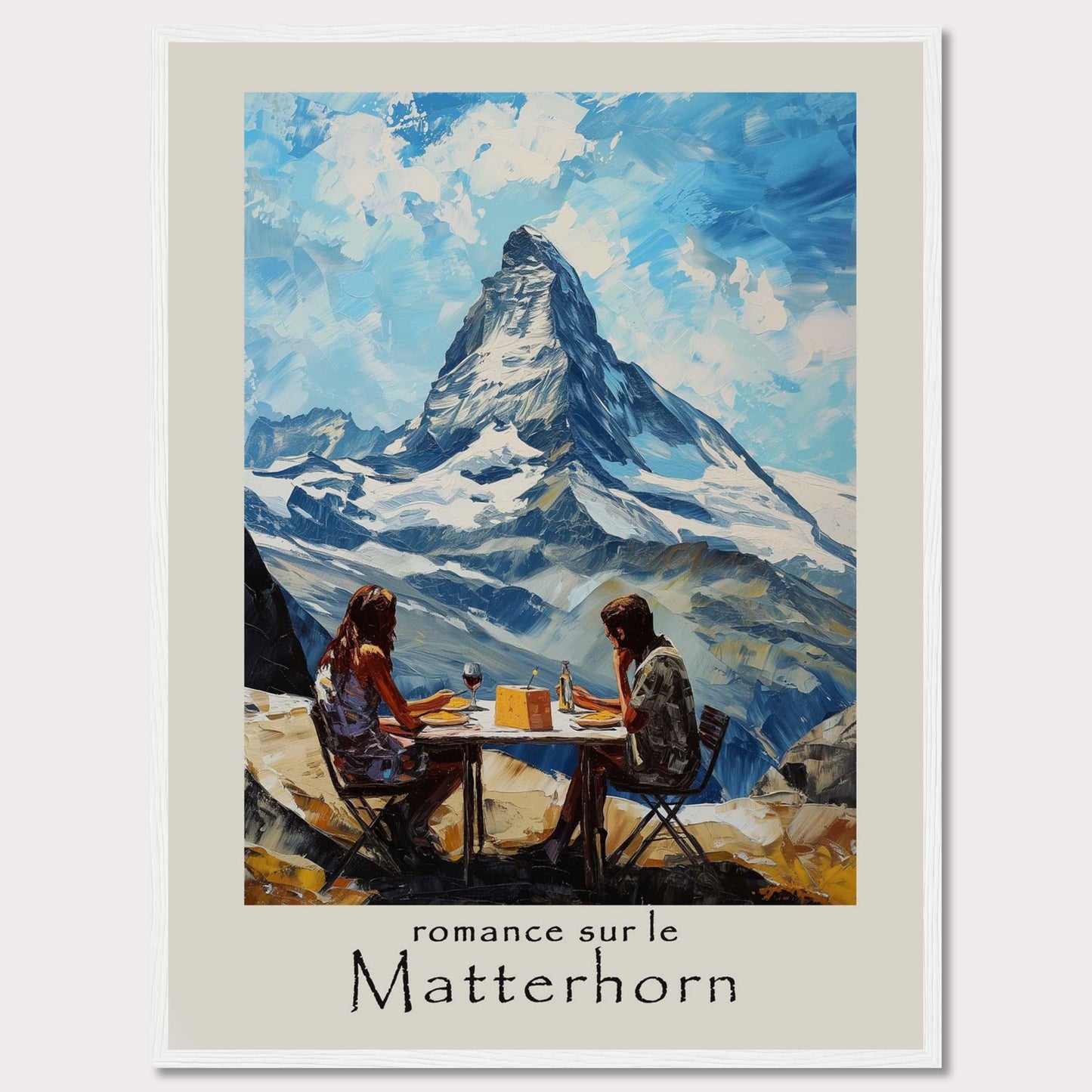 This captivating poster showcases a romantic scene at the Matterhorn, with a couple enjoying a meal against the breathtaking backdrop of the iconic mountain.