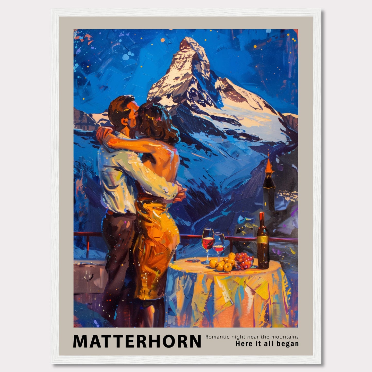 A romantic painting depicting a couple embracing near the Matterhorn mountain.