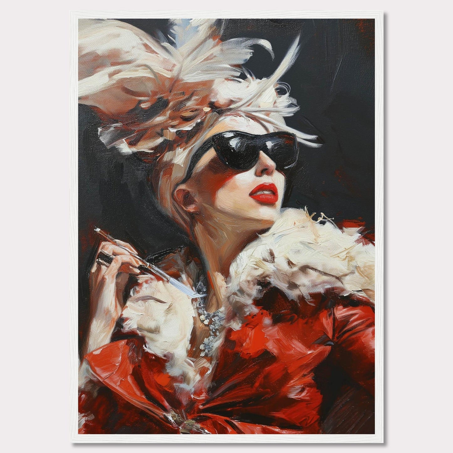 This striking painting captures a glamorous woman exuding confidence and elegance. Adorned in a luxurious red fur coat, she wears dark sunglasses and a dramatic feathered hat, holding a cigarette holder with poise. The bold brushstrokes and vibrant colors add to the dynamic and sophisticated feel of the artwork.