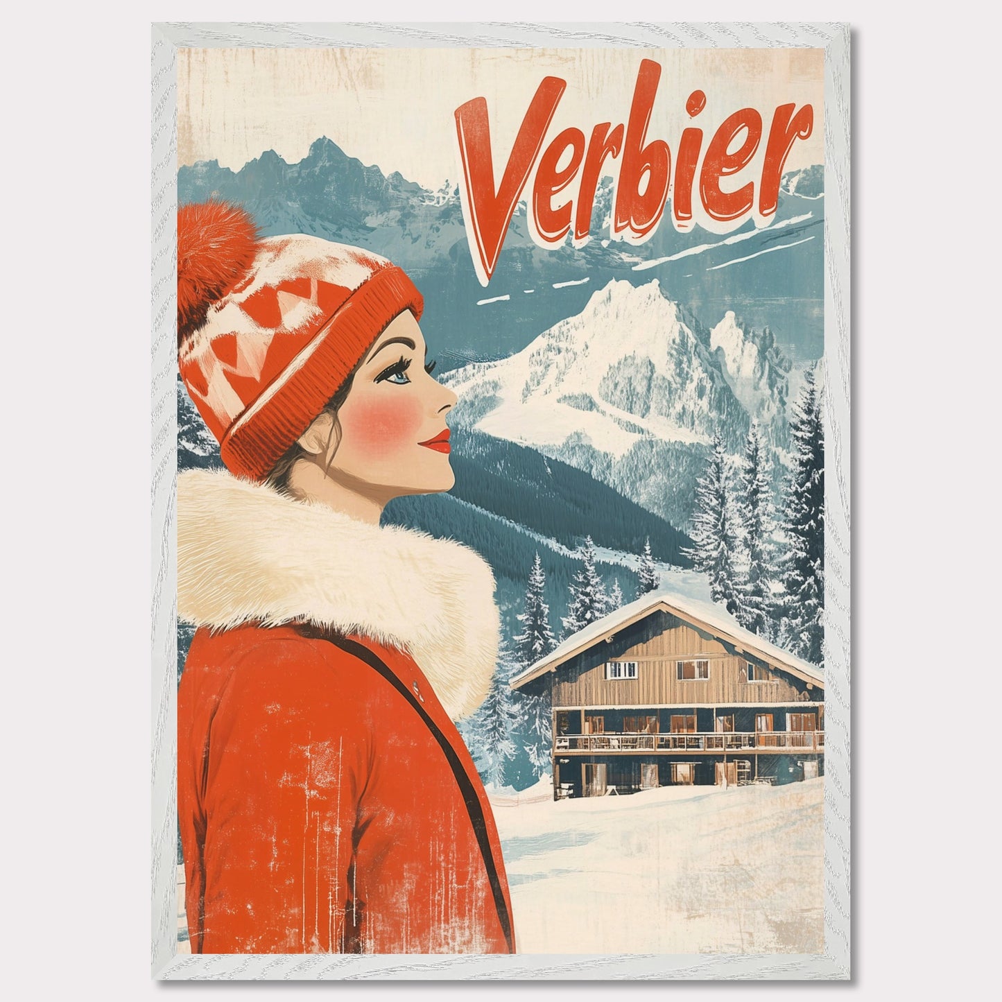 This elegant retro-style poster features a woman in a stylish red winter coat and pom-pom hat, looking towards the majestic Verbier mountains. The soft pastel tones and crisp white snow provide a serene backdrop, while the vintage design and typography evoke a sense of sophistication and timeless charm. The poster conveys the allure of Verbier as both an adventure and a refined escape into nature’s beauty.