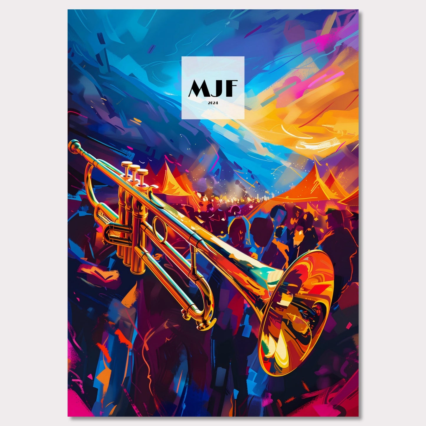 This vibrant poster captures the essence of a lively jazz festival. A gleaming trumpet takes center stage, set against a backdrop of colorful tents and an enthusiastic crowd. The sky is painted with dynamic strokes of blue and orange, adding to the energetic atmosphere.