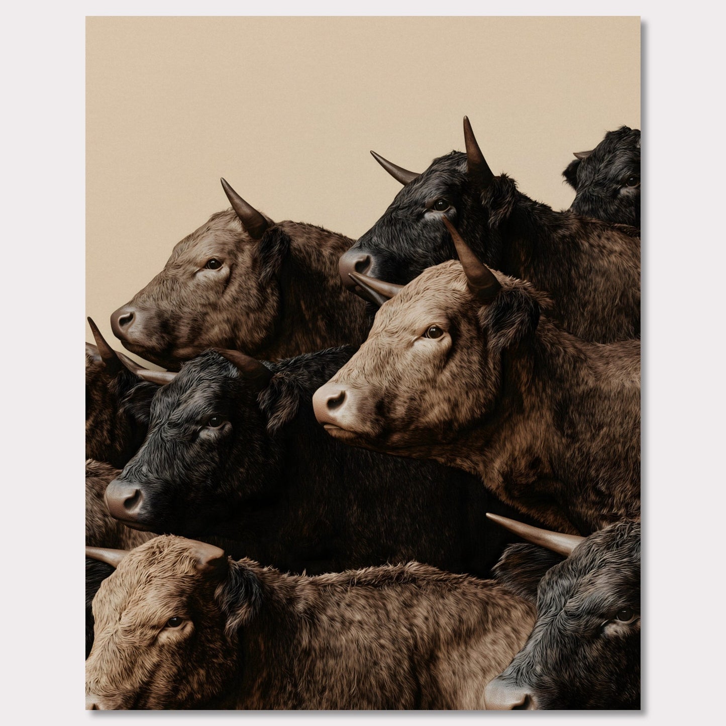 This illustration depicts a group of oxen with varying shades of brown and black fur, closely packed together against a plain beige background.

This poster will fit well in rustic or farmhouse-style interiors, animal-themed spaces, or art collections focusing on wildlife.