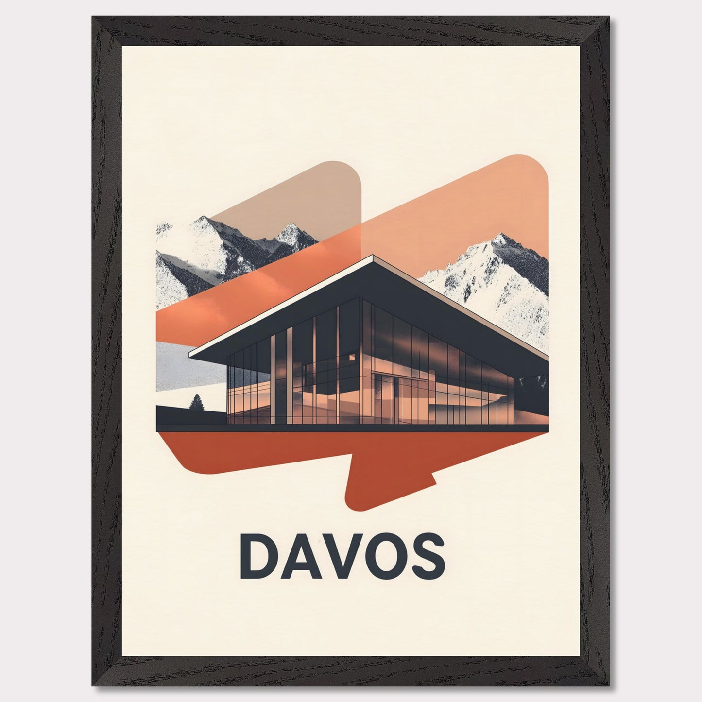 A sleek, modern representation of Davos, featuring a glass-fronted building set against towering alpine mountains. The minimalist color palette and subtle lighting effects give the scene a futuristic yet inviting feel.