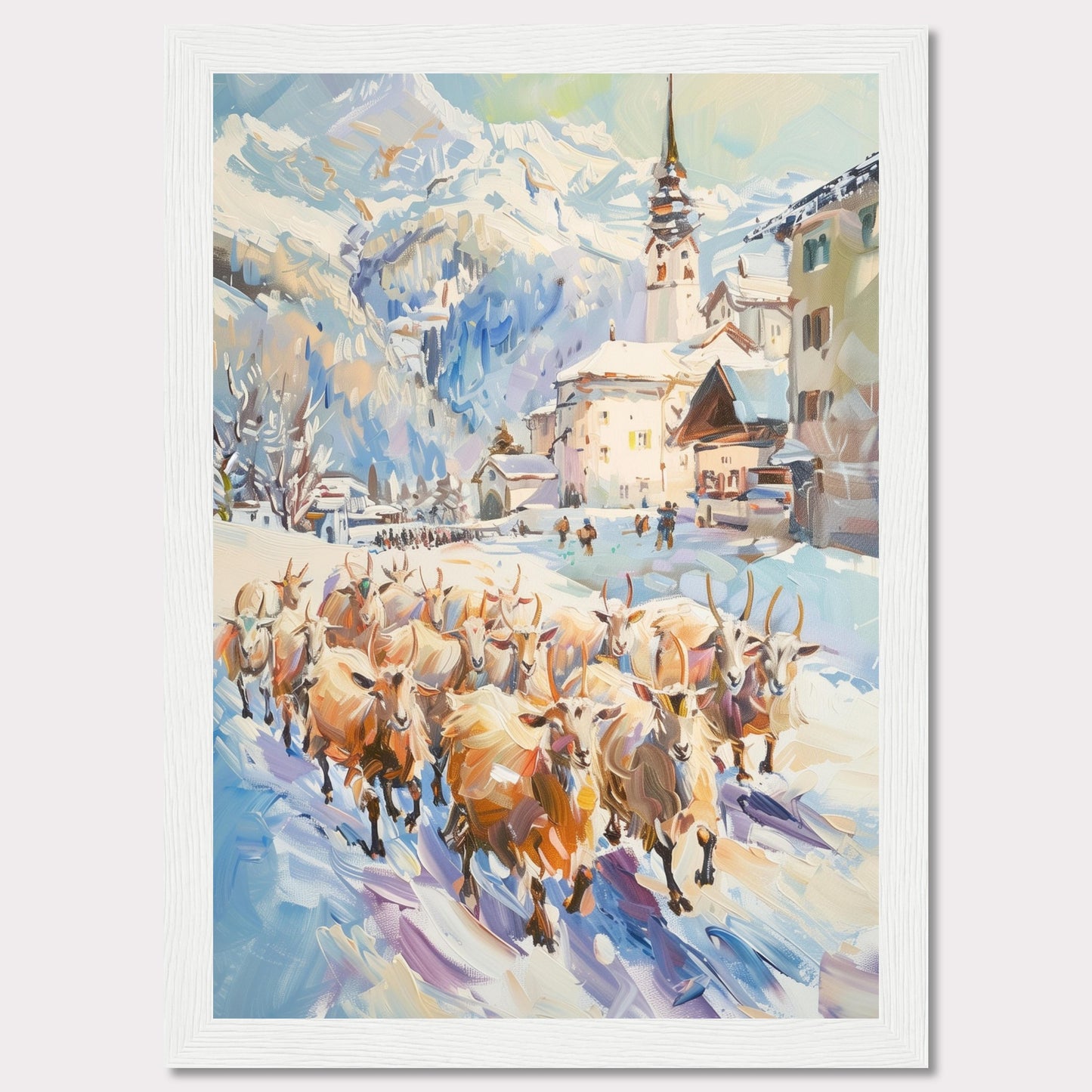 This captivating painting depicts a serene winter village scene with a herd of sheep being guided through the snow-covered streets. The backdrop features majestic snow-capped mountains and charming alpine architecture, including a prominent church steeple.