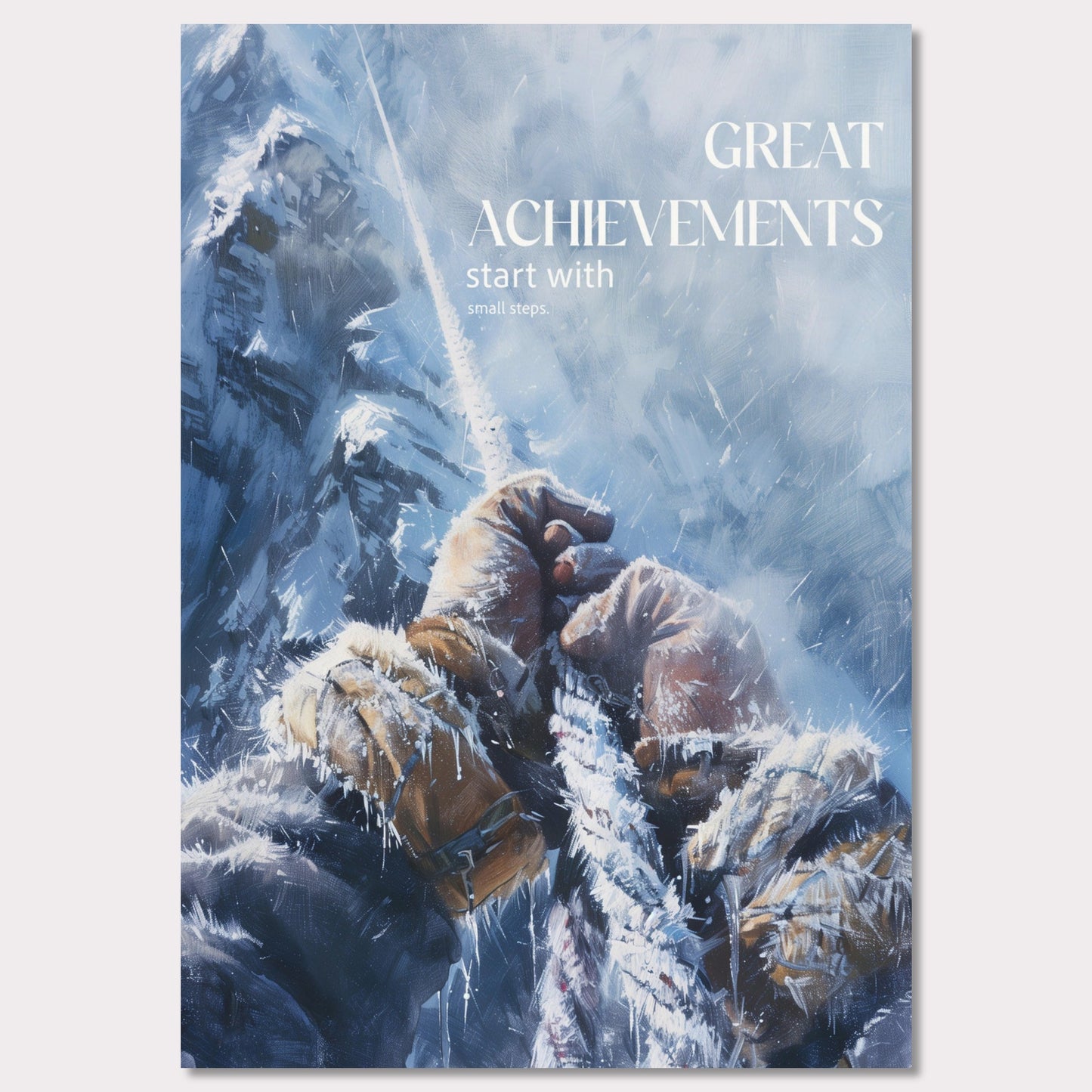 This motivational poster depicts a climber's hands gripping a rope, surrounded by a snowy and icy mountain landscape. The text on the poster reads: "GREAT ACHIEVEMENTS start with small steps."