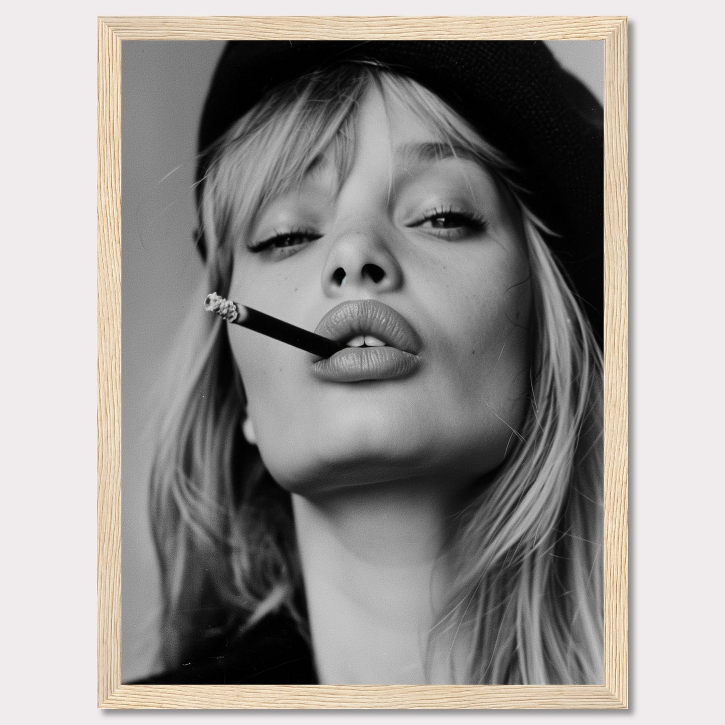 This striking black and white portrait captures a woman with a cigarette between her lips, exuding confidence and allure. Her intense gaze, slightly parted lips, and the casual placement of the cigarette create a bold and edgy aesthetic. The image is framed in a sleek black border, adding to its sophisticated appeal.